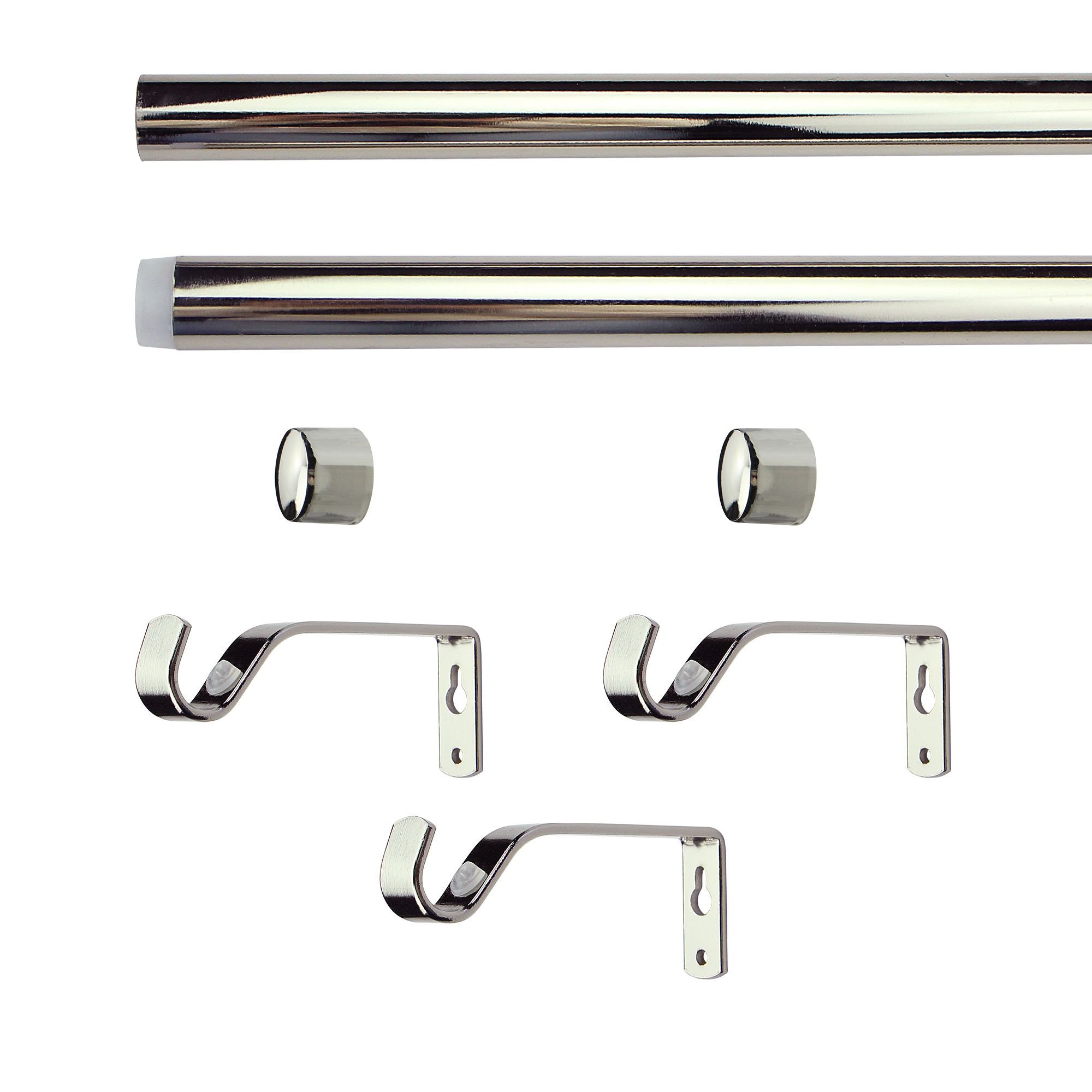 GoodHome Olympe Grey Chrome effect Extendable Cap Single curtain pole set, (L)1200mm-2100mm (Dia)28mm