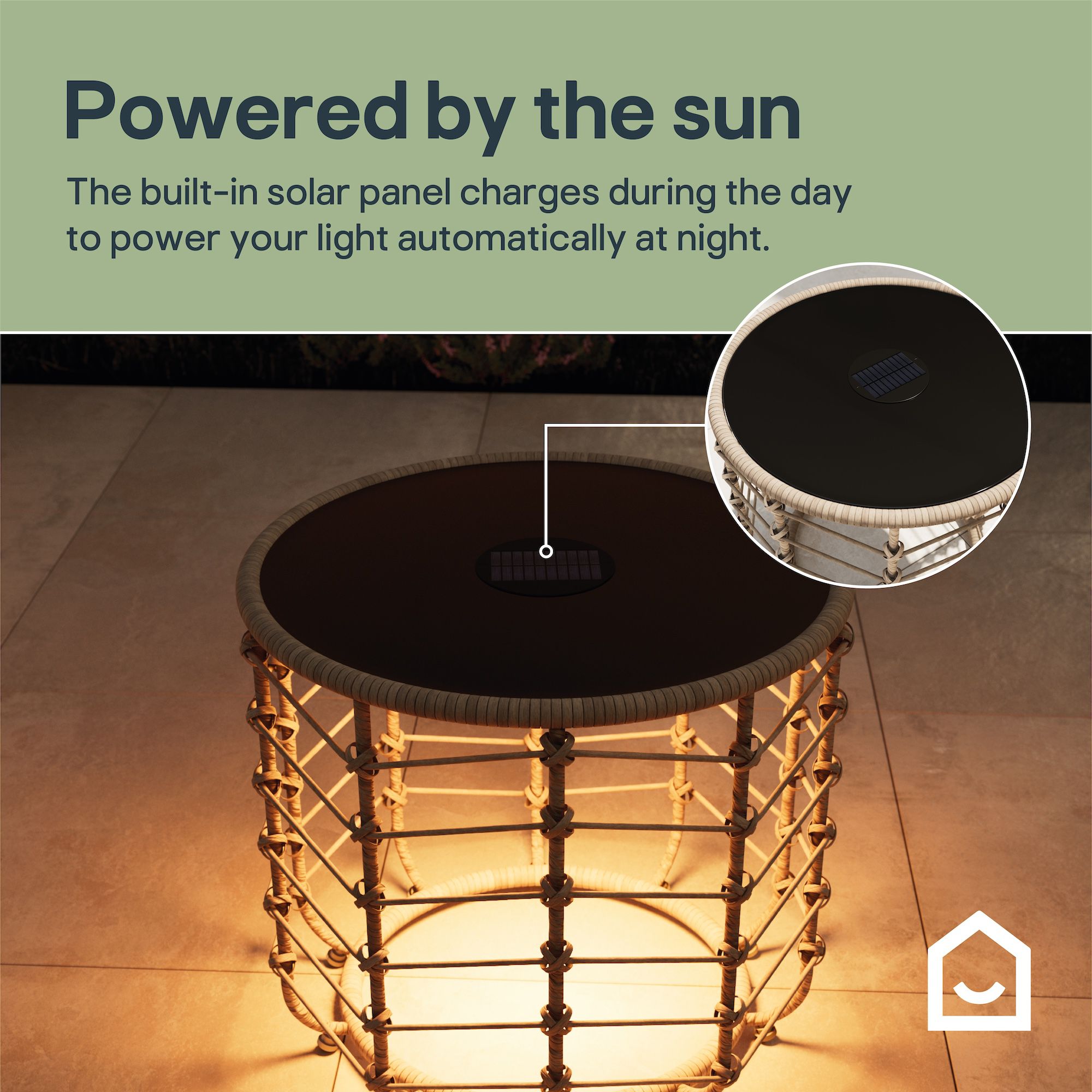 GoodHome Omalos Rattan effect Beige Round Side table - Solar-powered