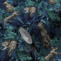 GoodHome Onax Teal Fabric effect Jungle Textured Wallpaper
