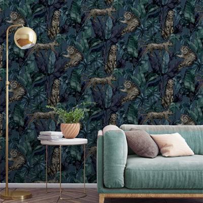 GoodHome Onax Teal Jungle Fabric effect Textured Wallpaper