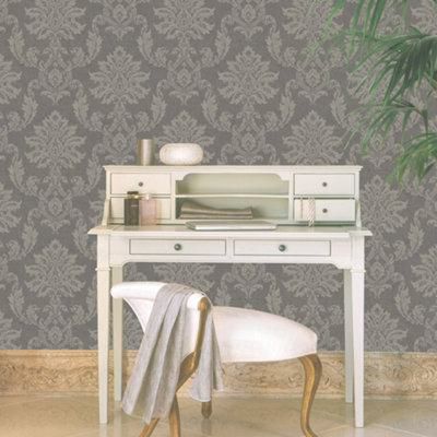 GoodHome Ormonde Charcoal Metallic effect Damask Textured Wallpaper Sample
