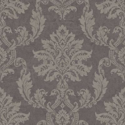 GoodHome Ormonde Charcoal Metallic effect Damask Textured Wallpaper Sample