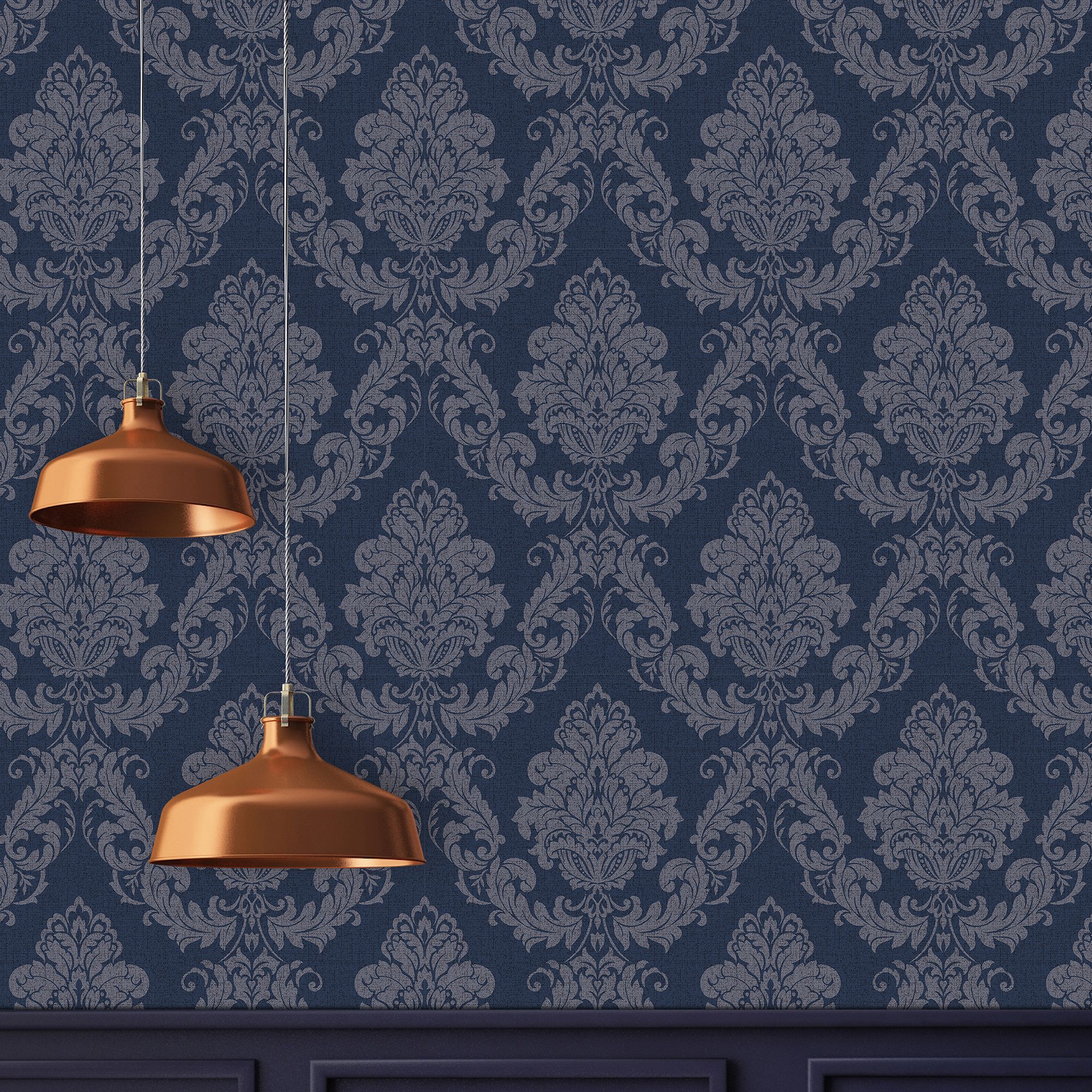 GoodHome Ornata Midnight blue Damask Textured Wallpaper