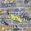 GoodHome Orobe Grey Brick effect Graffiti Smooth Wallpaper