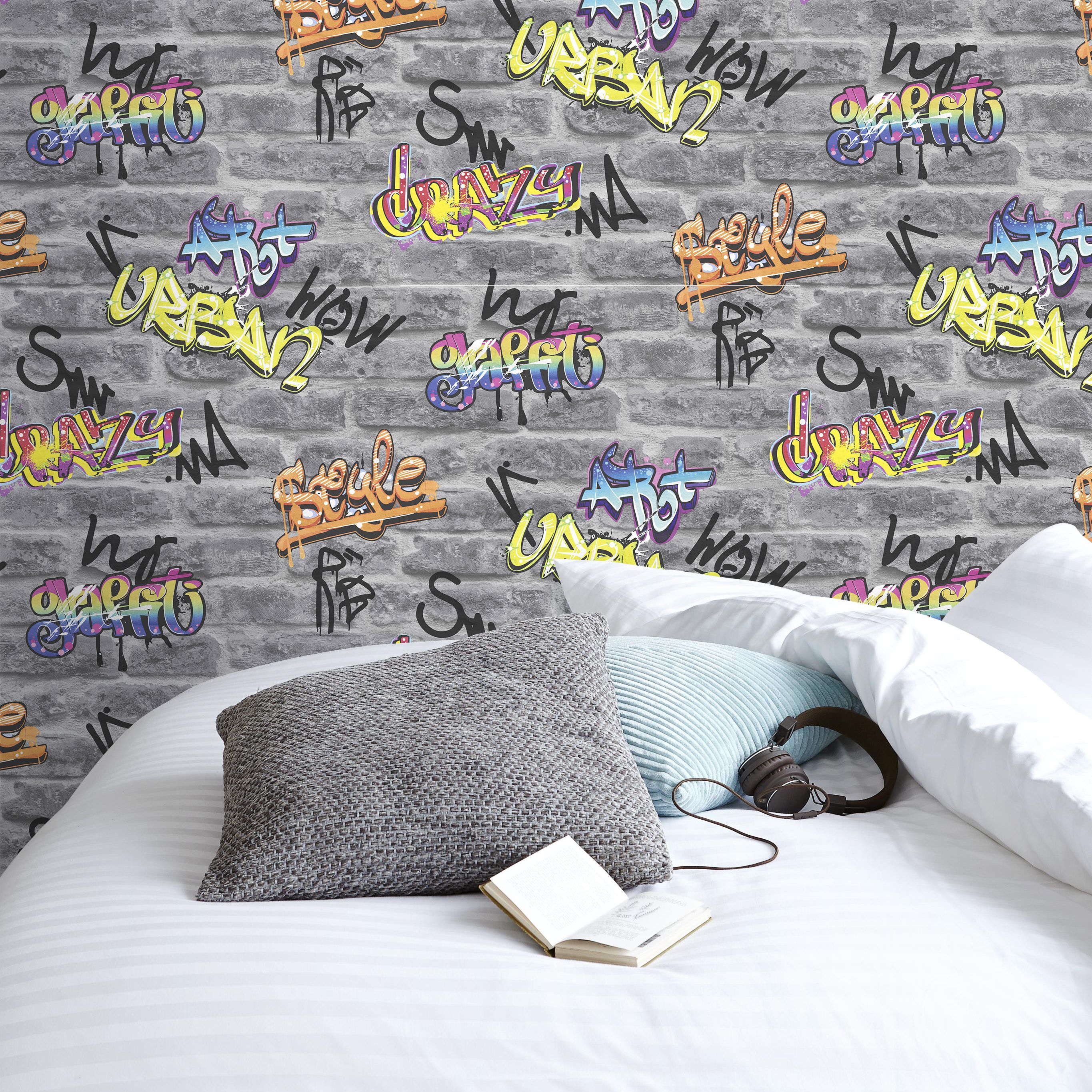 GoodHome Orobe Grey Graffiti Brick effect Children's Smooth Wallpaper