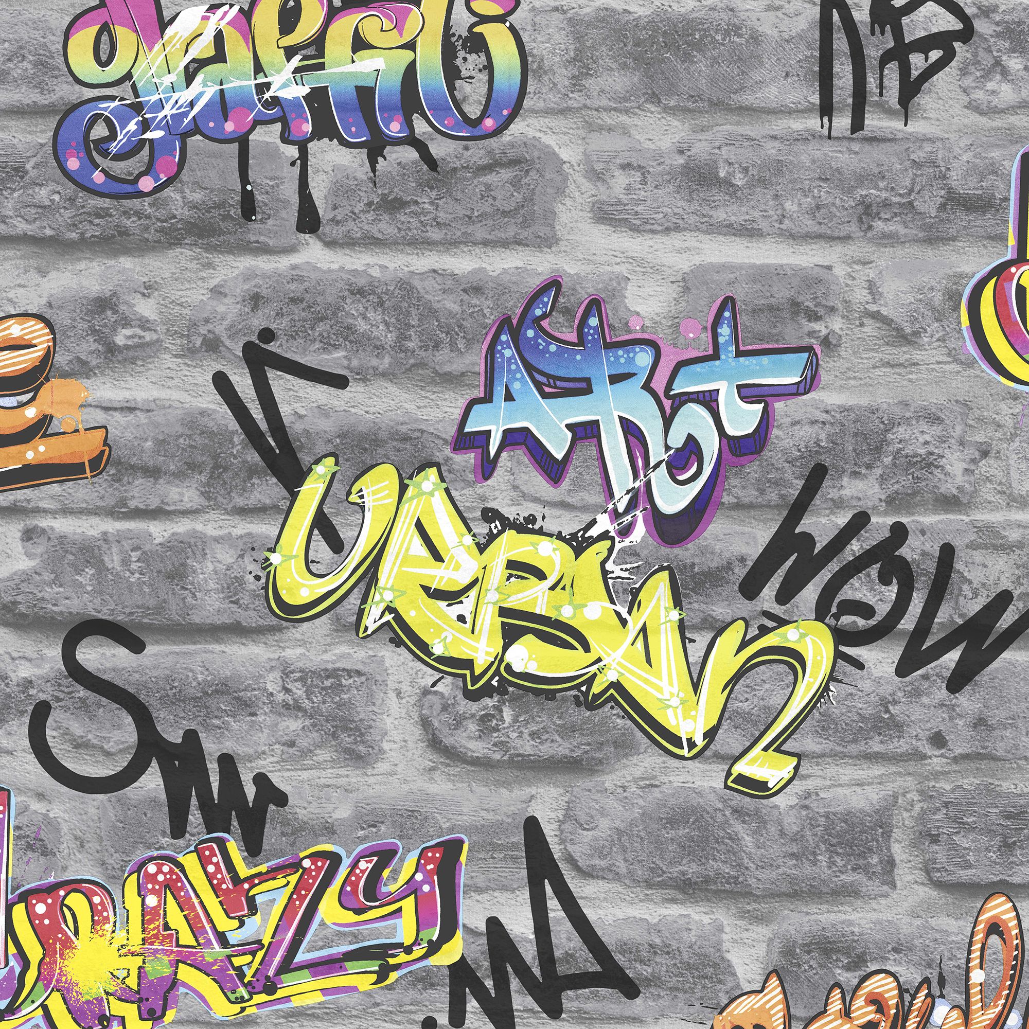 GoodHome Orobe Grey Graffiti Brick effect Children's Smooth Wallpaper