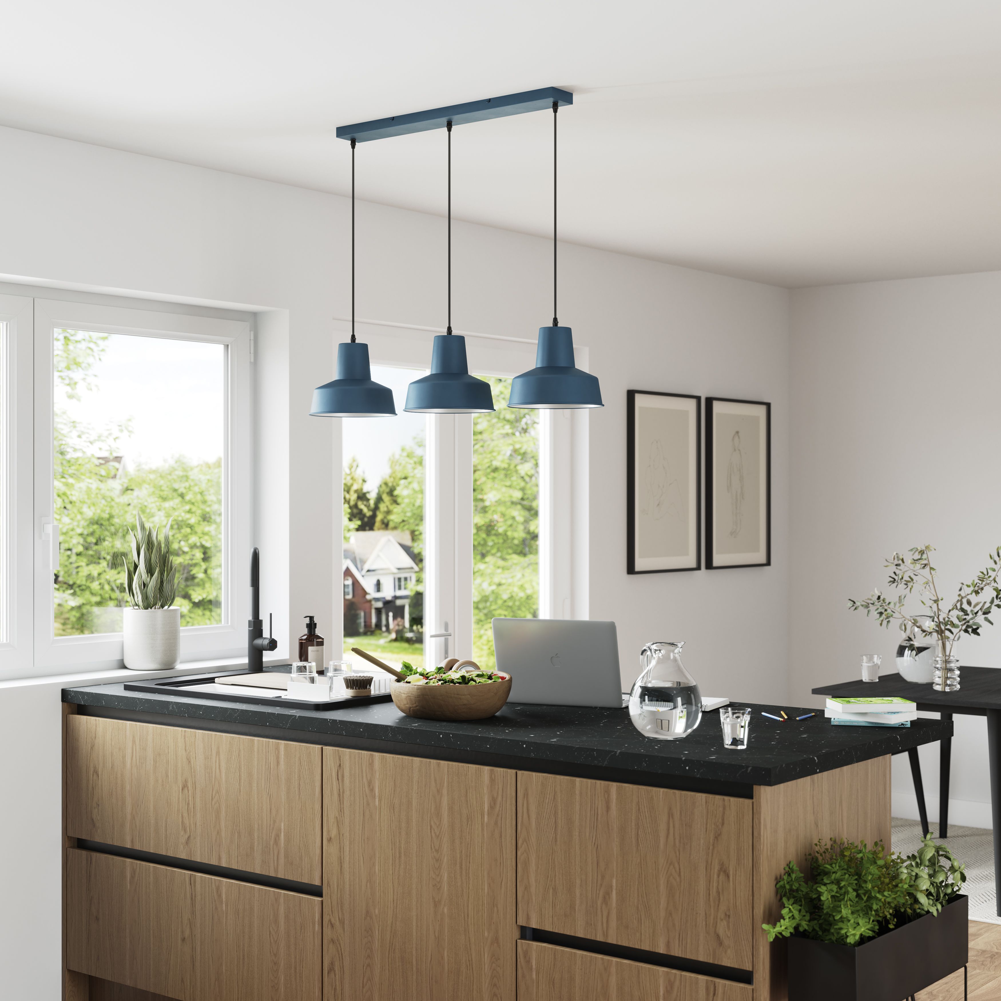 GoodHome Orous Rectangular Matt Blue 3 Lamp LED Pendant ceiling light ...