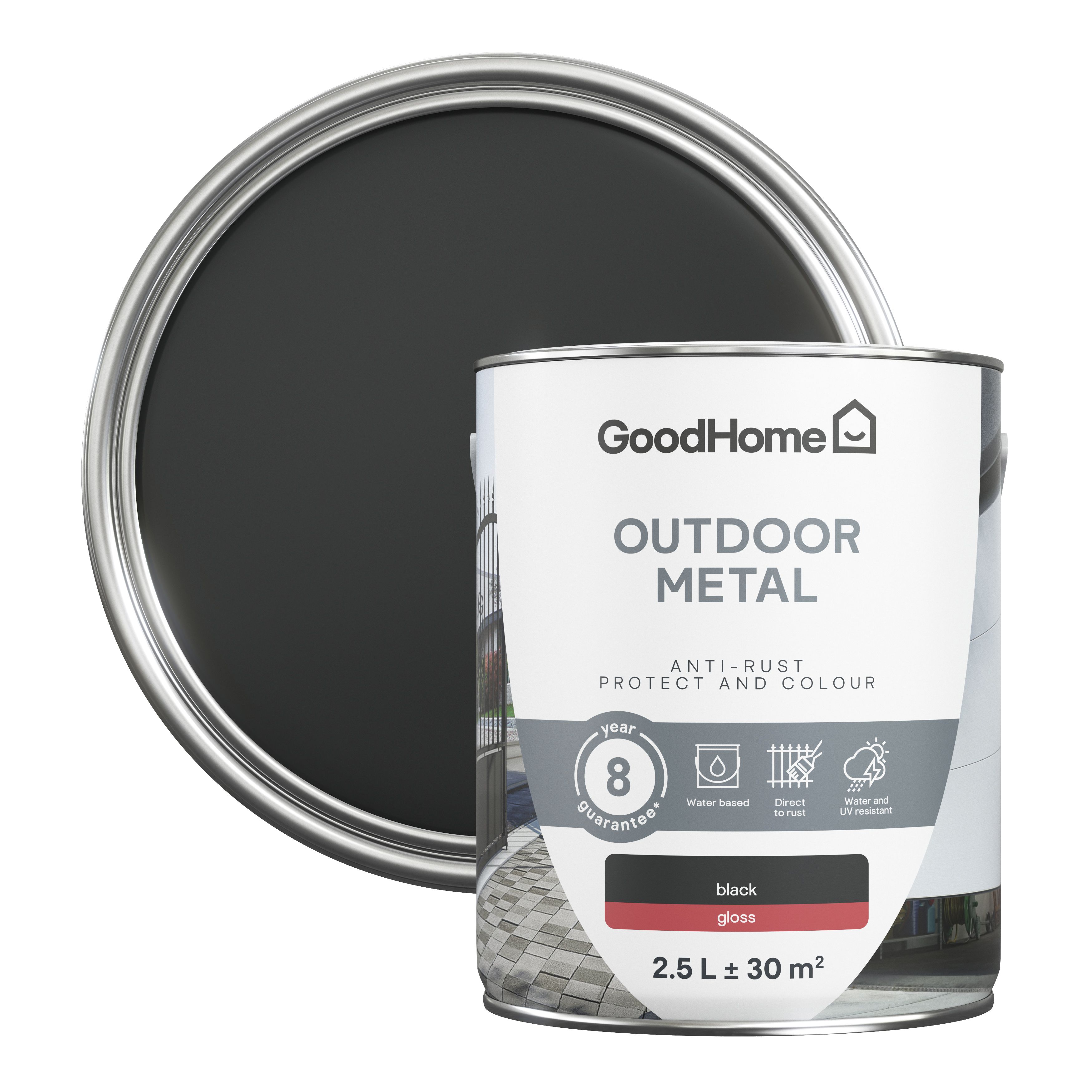 GoodHome Outdoor Black Gloss Exterior Metal paint, 2.5L Tin DIY at B&Q