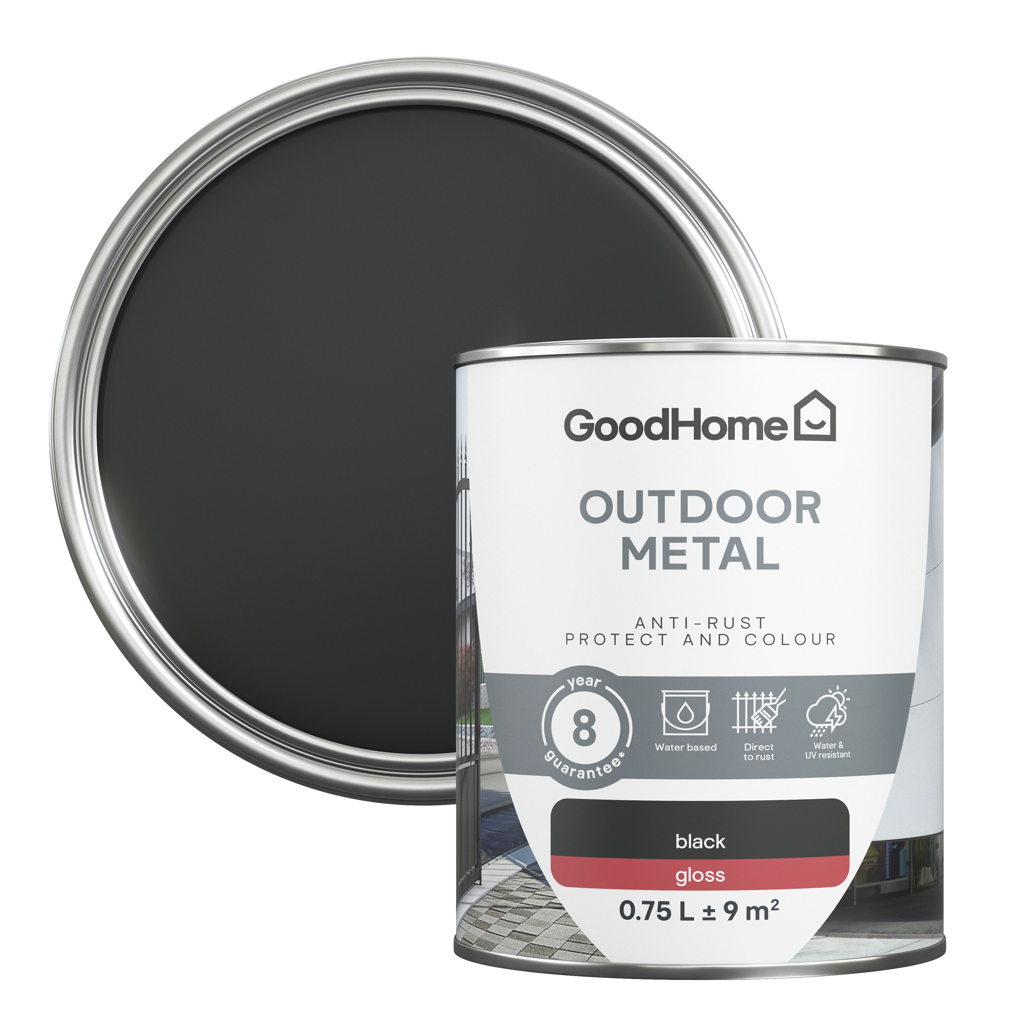 GoodHome Outdoor Black Gloss Exterior Metal paint, 750ml Tin DIY at B&Q