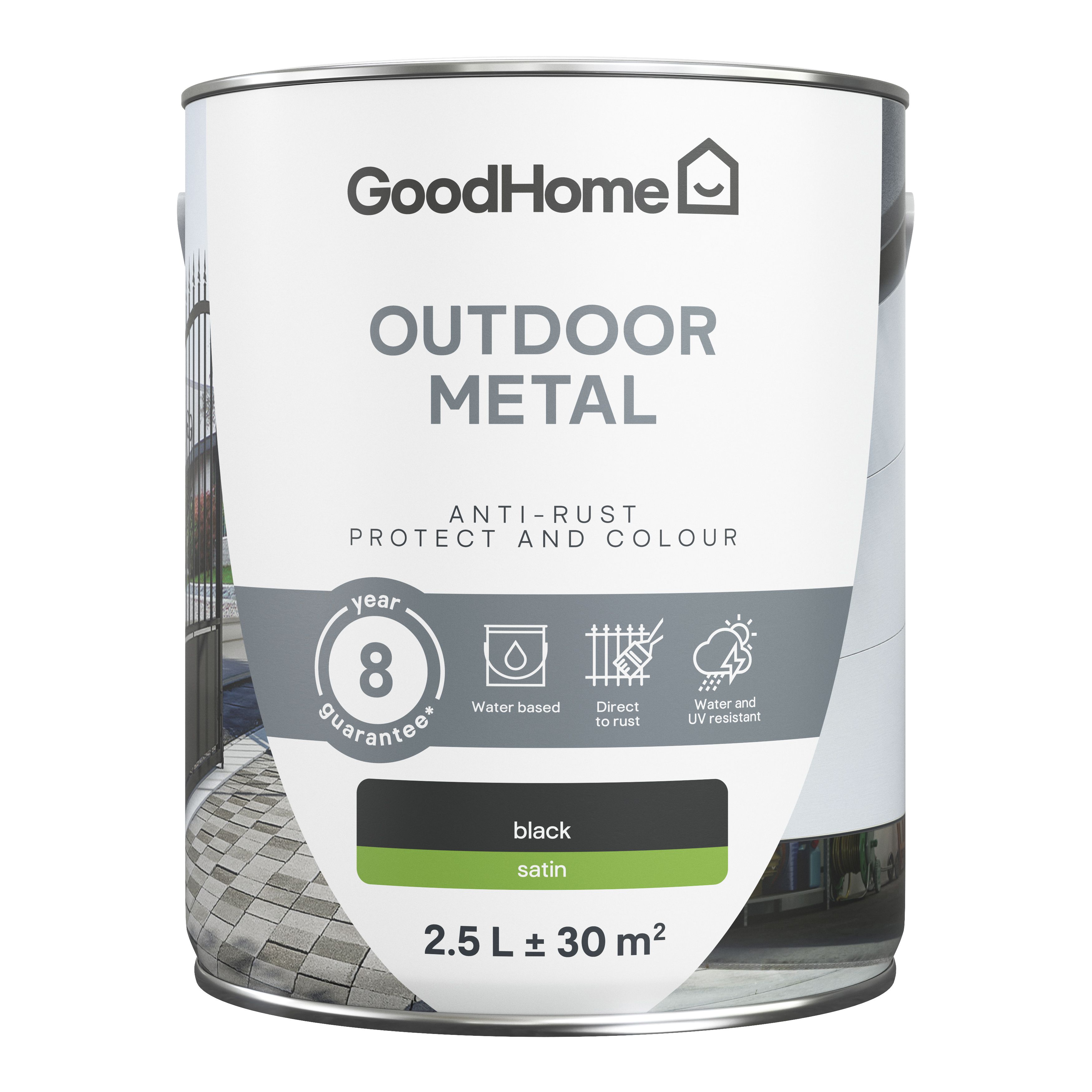 GoodHome Outdoor Black Satinwood Exterior Doors & windows Topcoat Metal paint, 2.5L Tin