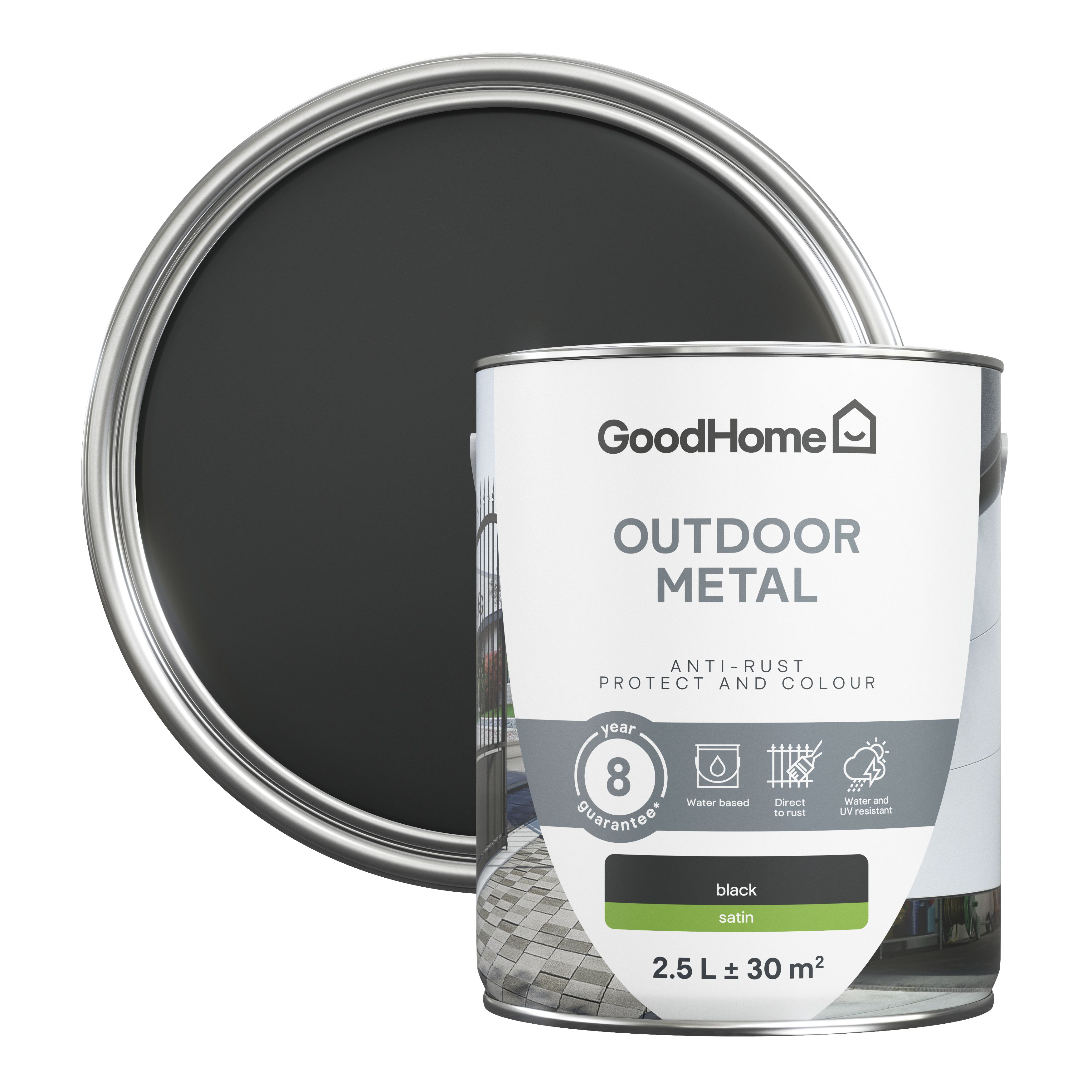 GoodHome Outdoor Black Satinwood Exterior Doors & windows Topcoat Metal paint, 2.5L Tin