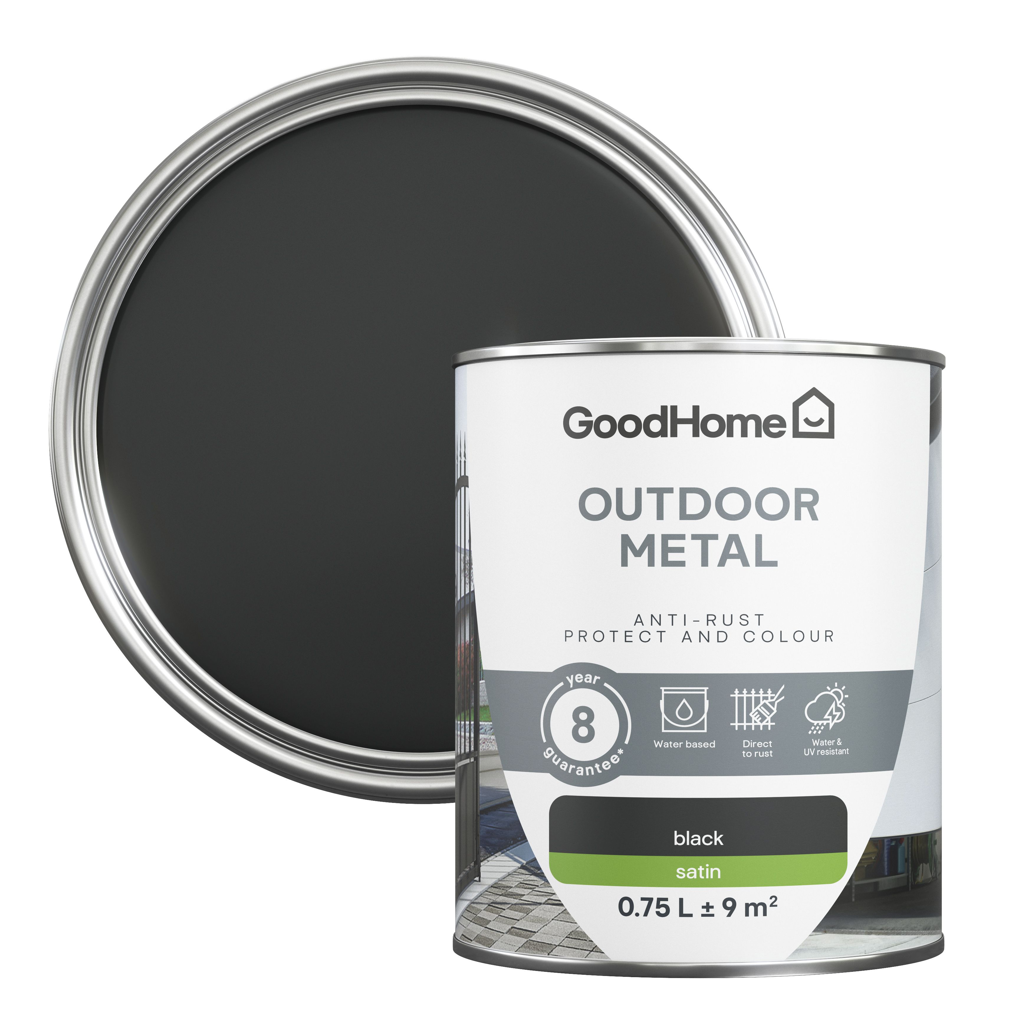 GoodHome Outdoor Black Satinwood Exterior Doors & windows Topcoat Metal paint, 750ml Tin