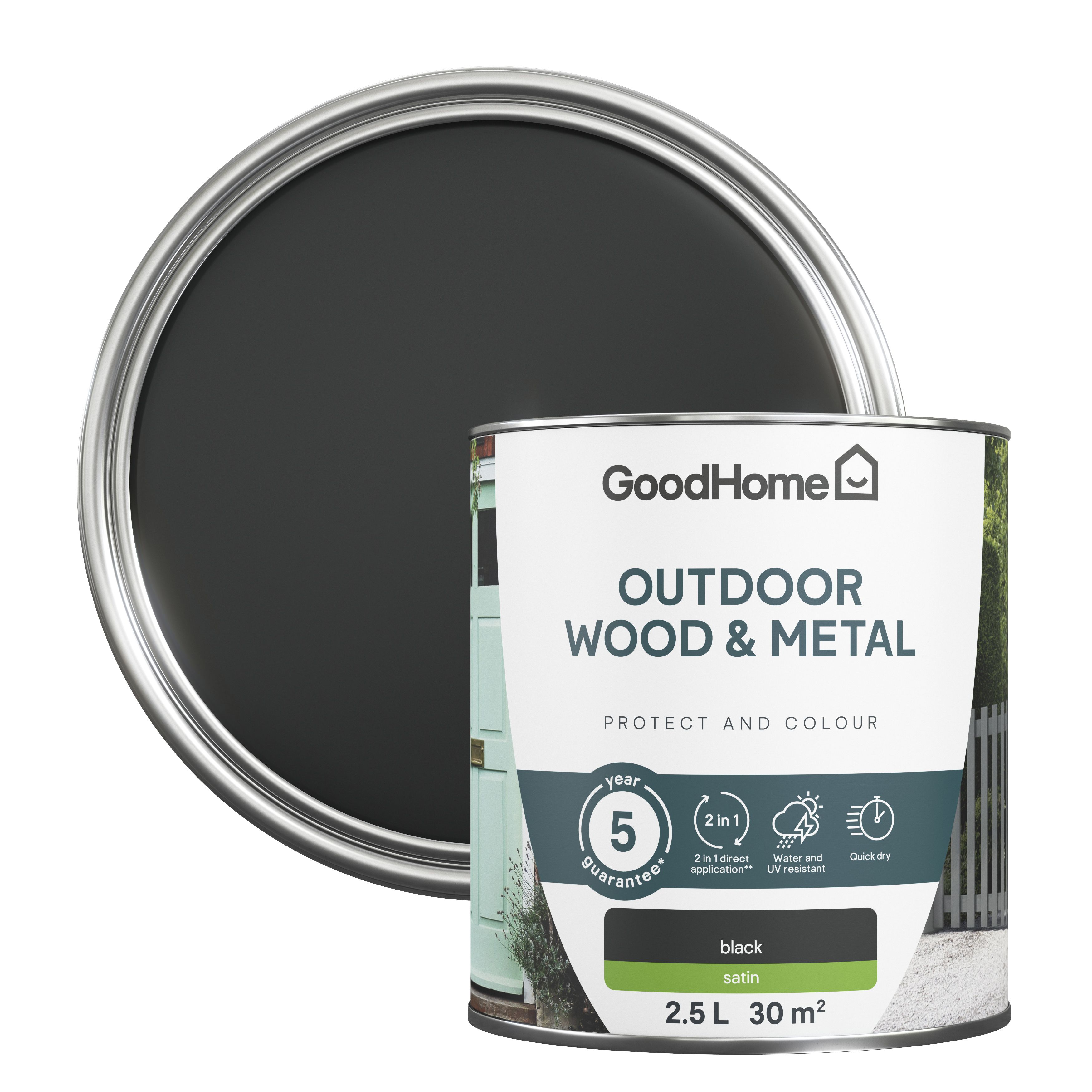 GoodHome Outdoor Black Satinwood Multi-surface paint, 2.5L