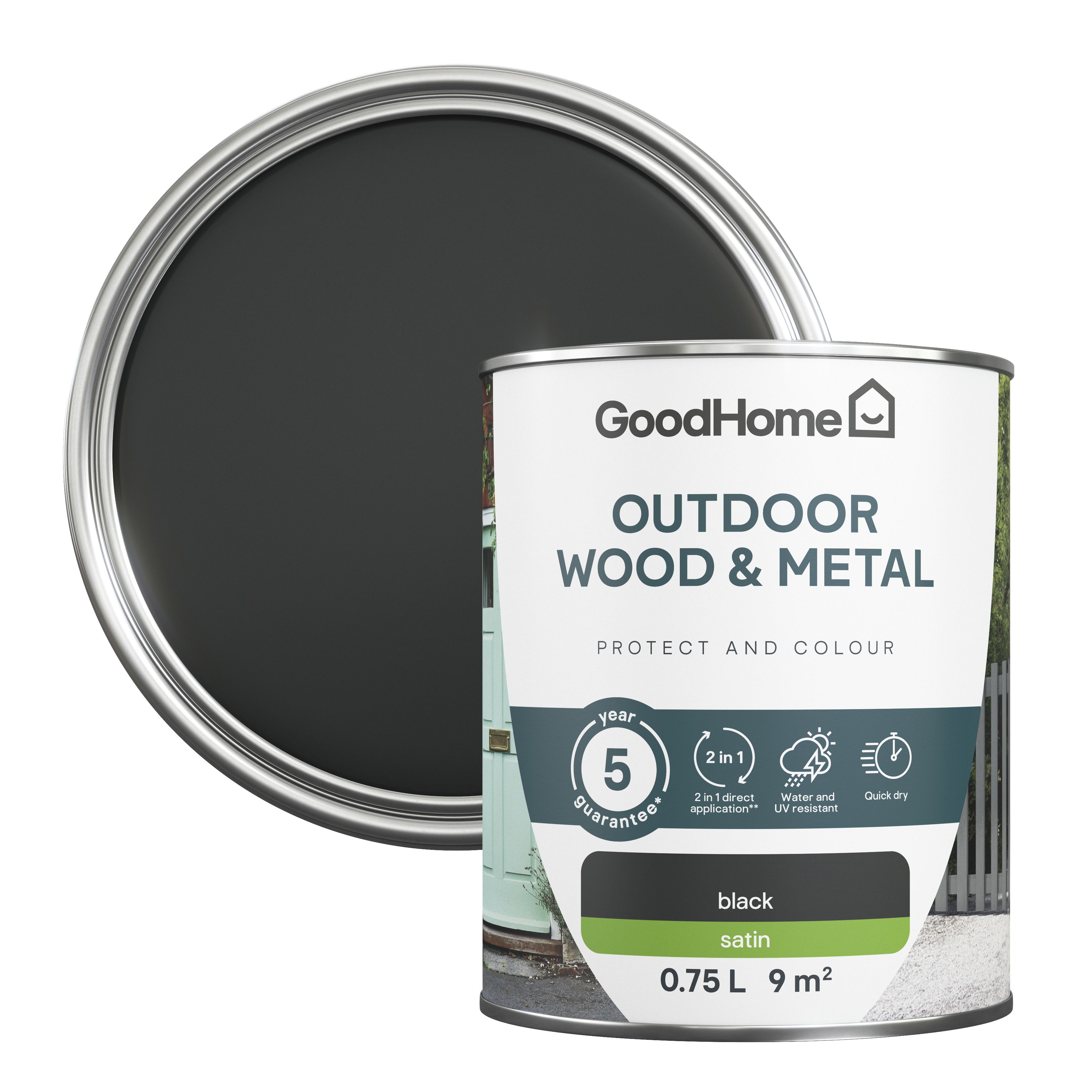 GoodHome Outdoor Black Satinwood Multisurface paint, 750ml DIY at B&Q