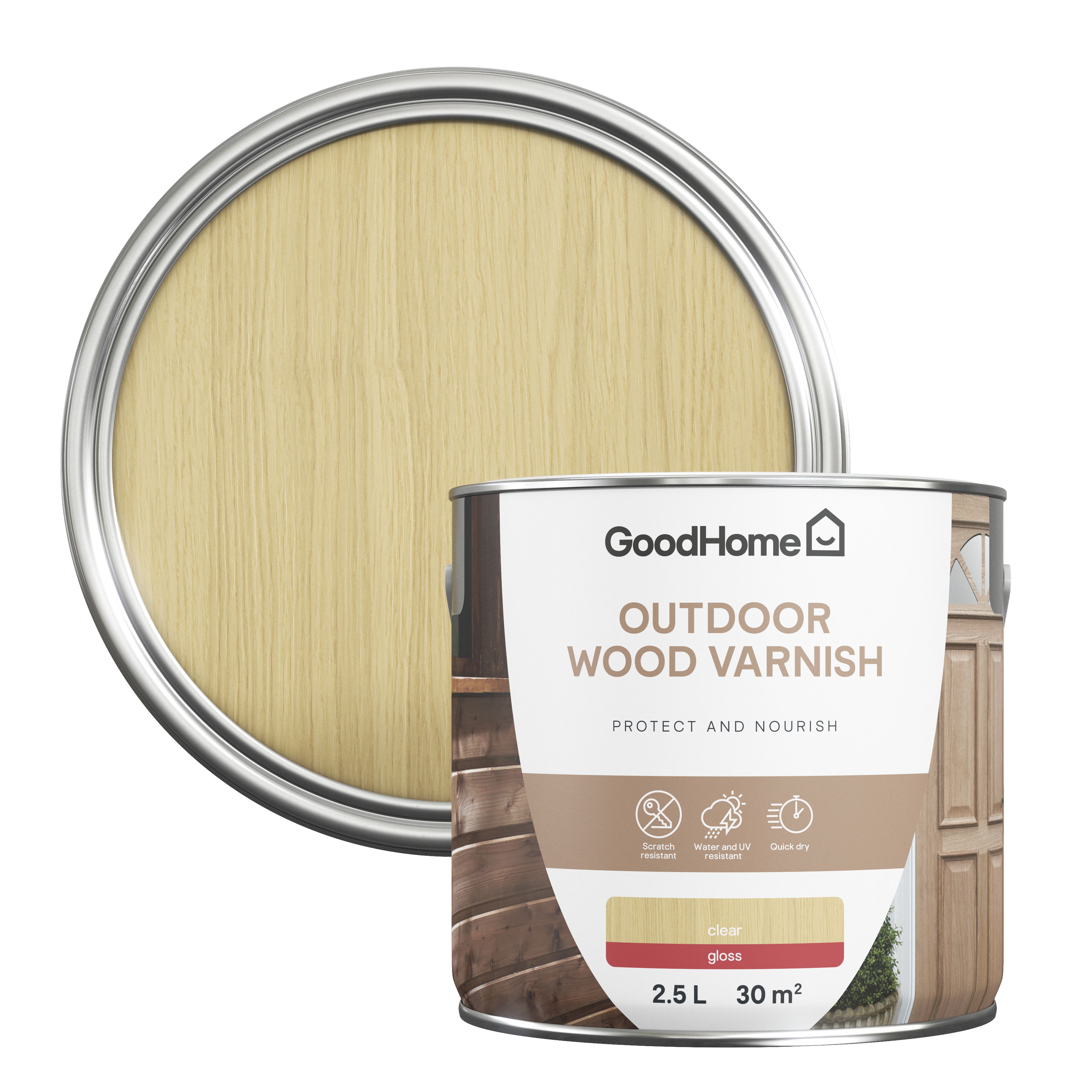 GoodHome Outdoor Clear Gloss Wood Varnish, 2.5L