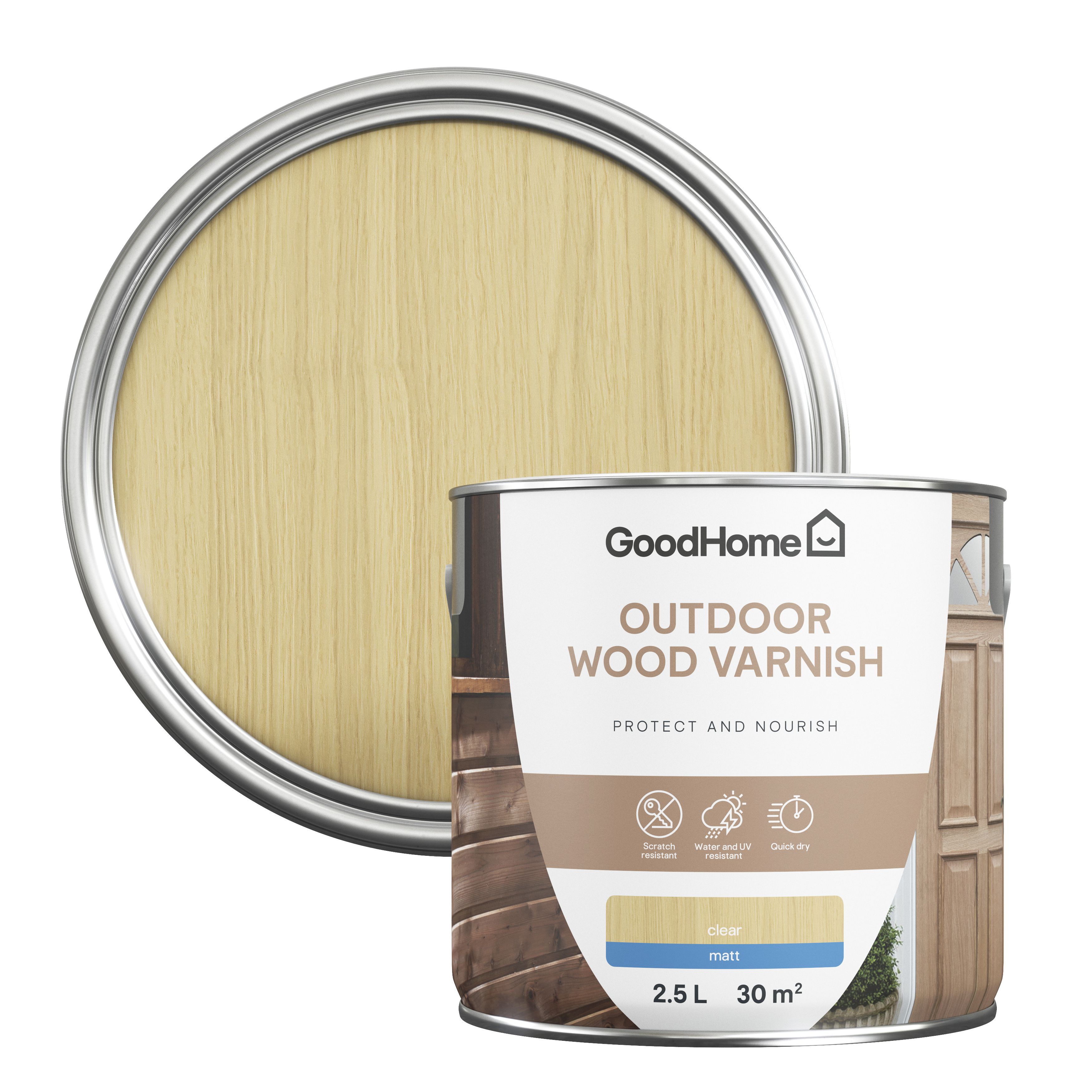GoodHome Outdoor Clear Matt Wood Varnish, 2.5L DIY at B&Q