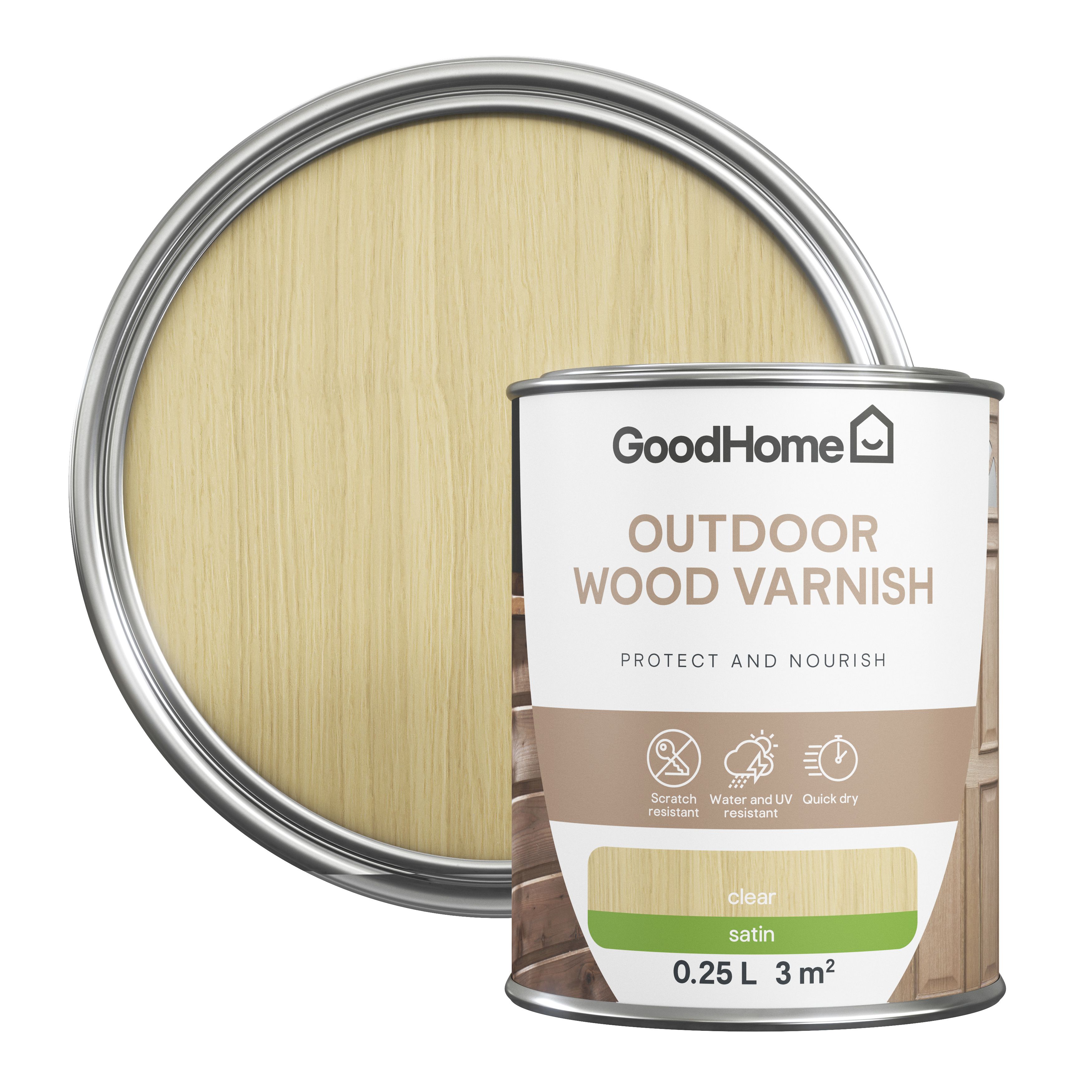 GoodHome Outdoor Clear Satin Wood Varnish, 250ml