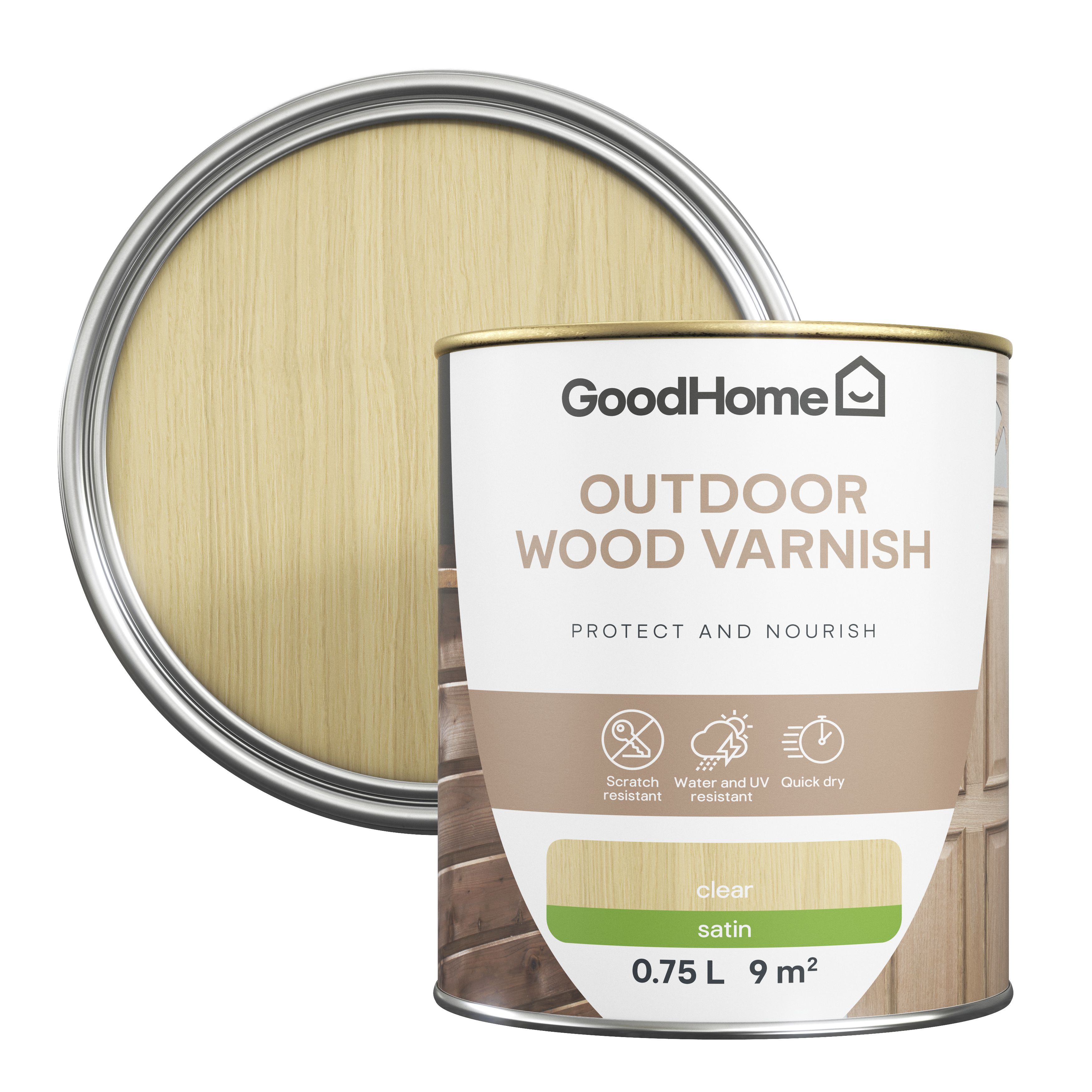 GoodHome Outdoor Clear Satin Wood Varnish, 750ml DIY at B&Q