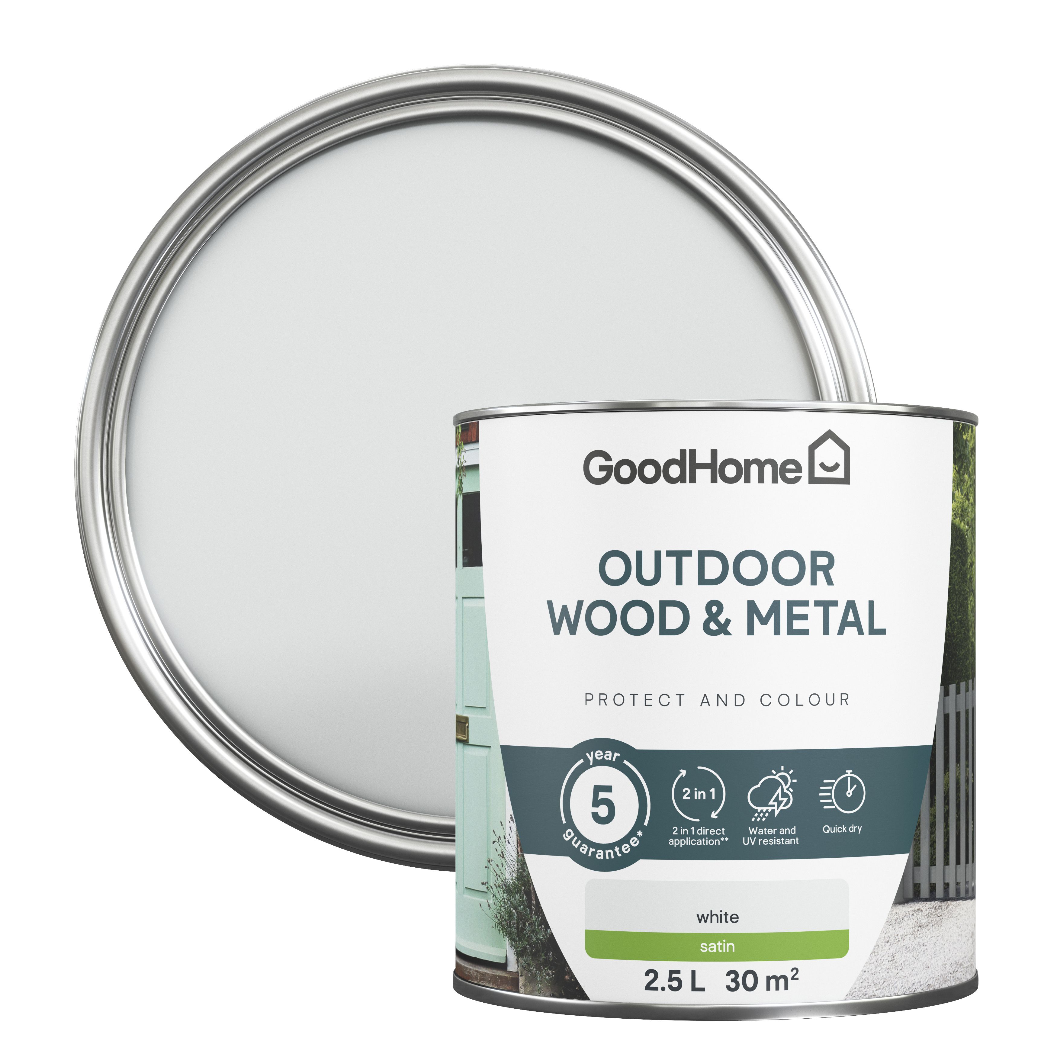 GoodHome Outdoor White Satinwood Multi-surface paint, 2.5L