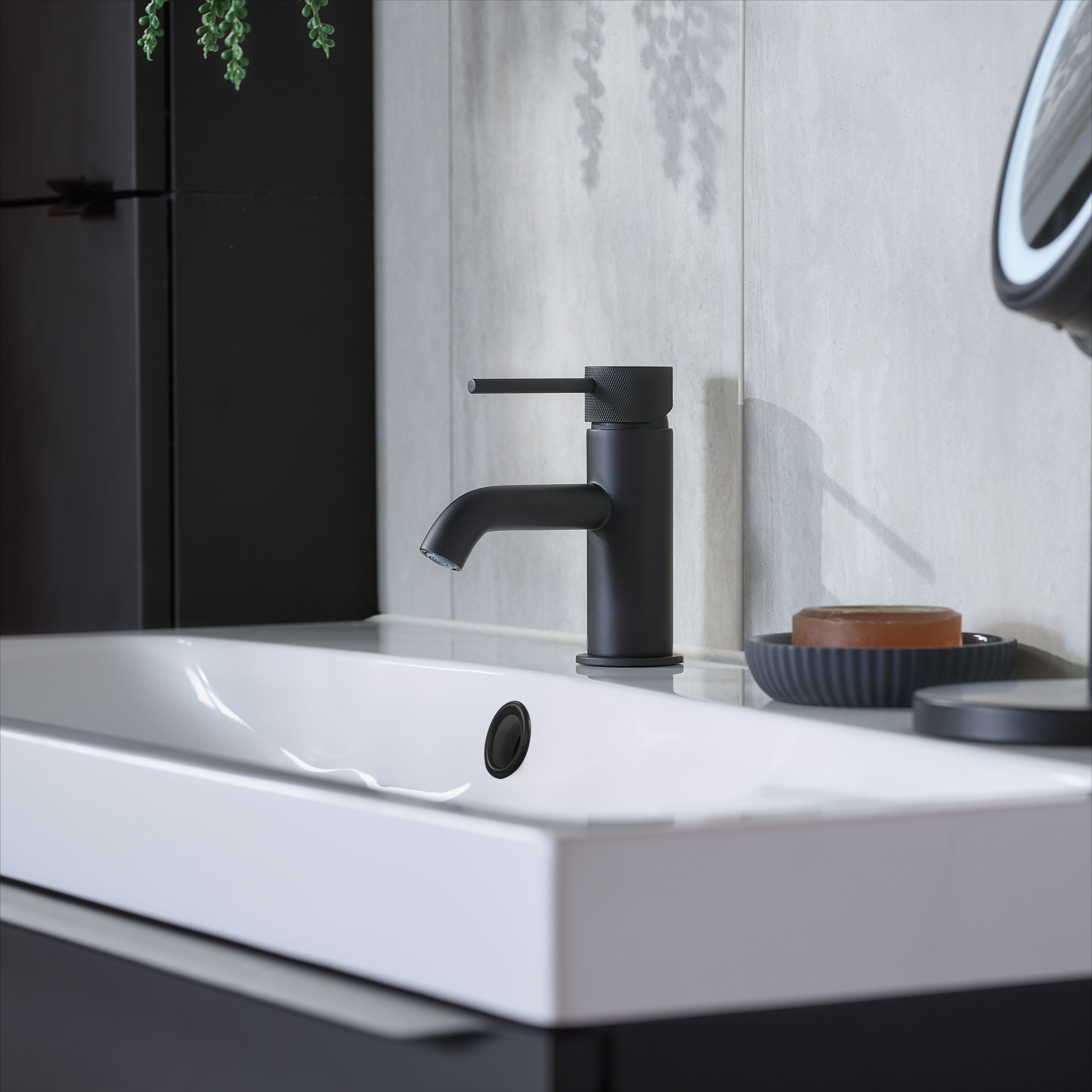 GoodHome Owens Medium Matt Black Round Deck-mounted Manual Basin 