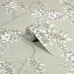 GoodHome Owletts Grey & sage Floral Metallic effect Textured Wallpaper Sample