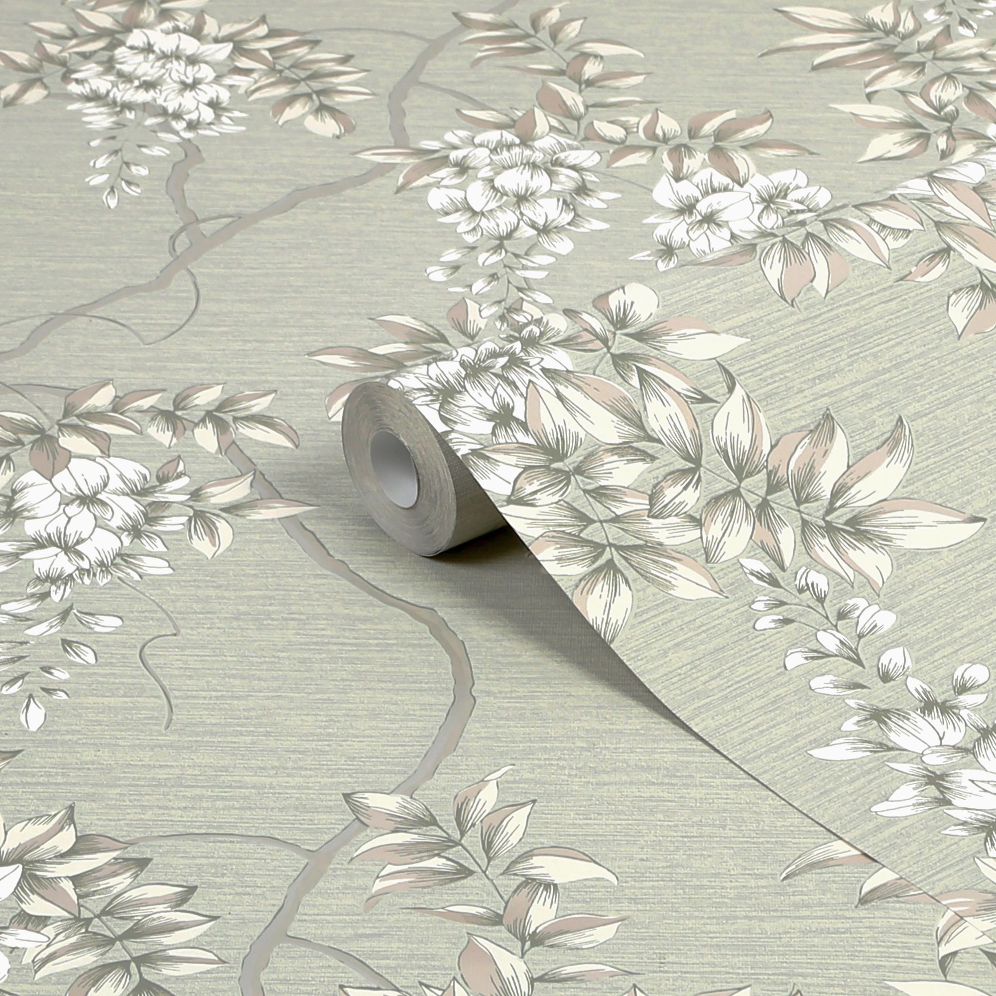 GoodHome Owletts Grey & sage Floral Metallic effect Textured Wallpaper