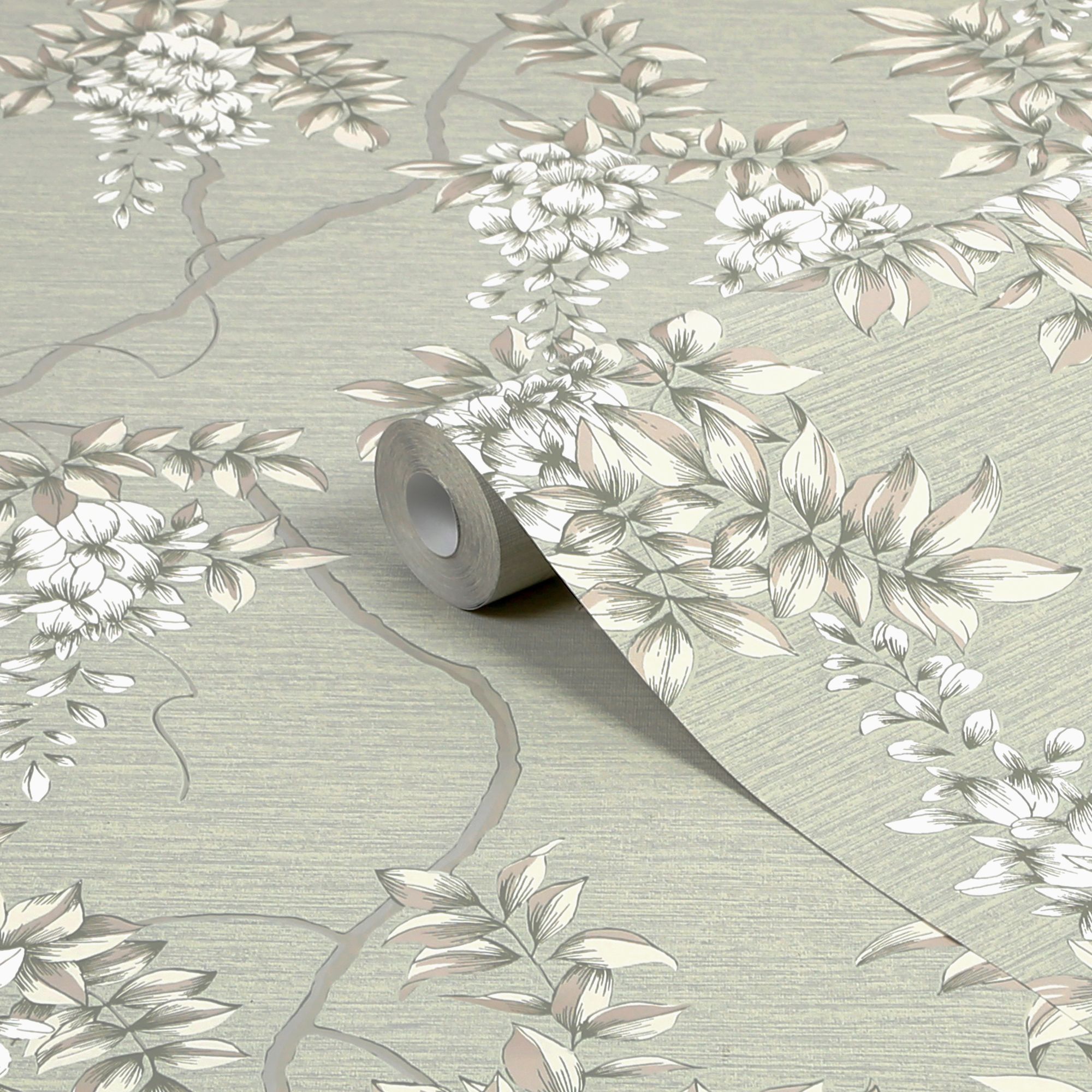 GoodHome Owletts Grey & sage Metallic effect Floral Textured Wallpaper DIY at B&Q