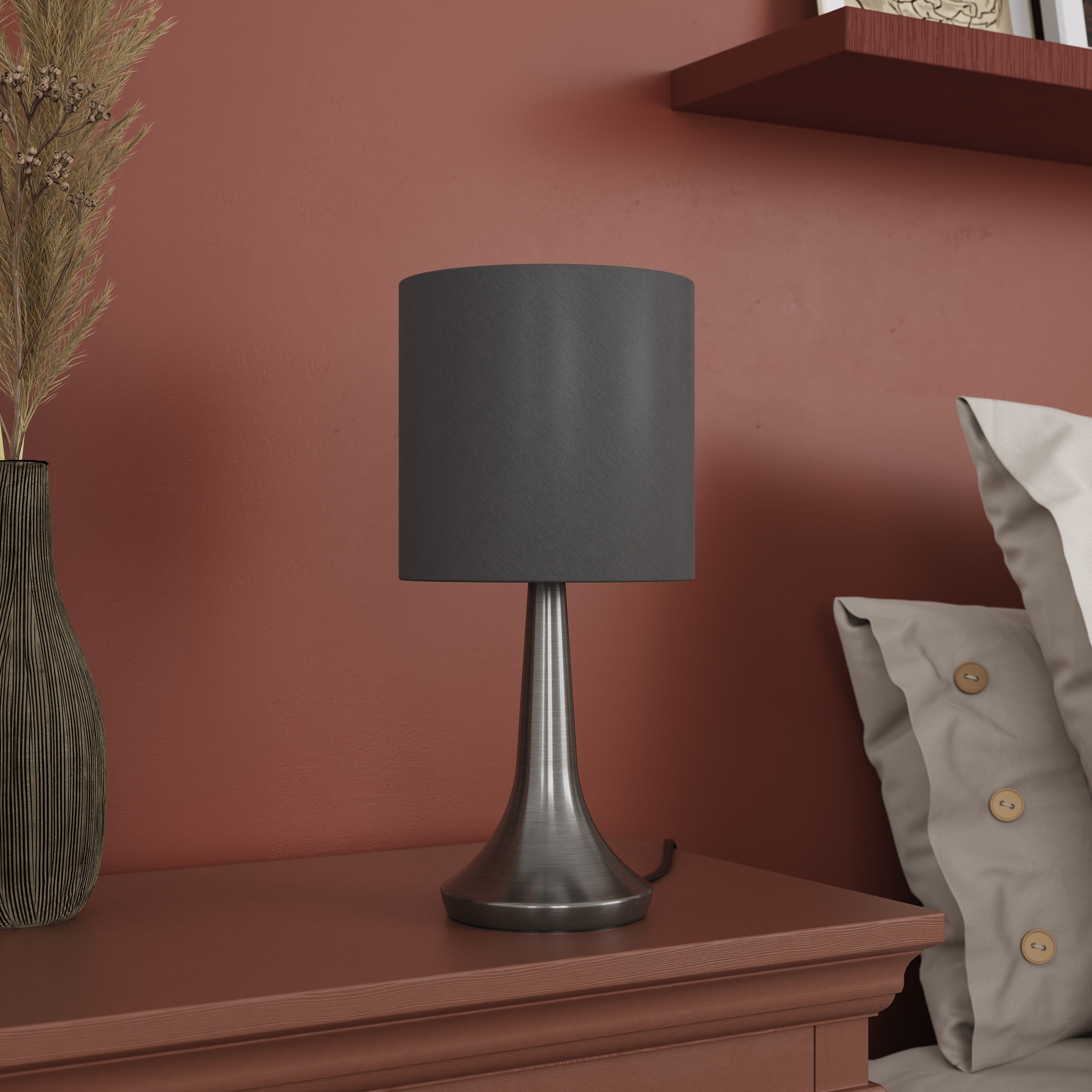 GoodHome Painswick Cylinder Satin Grey Nickel effect Table lamp
