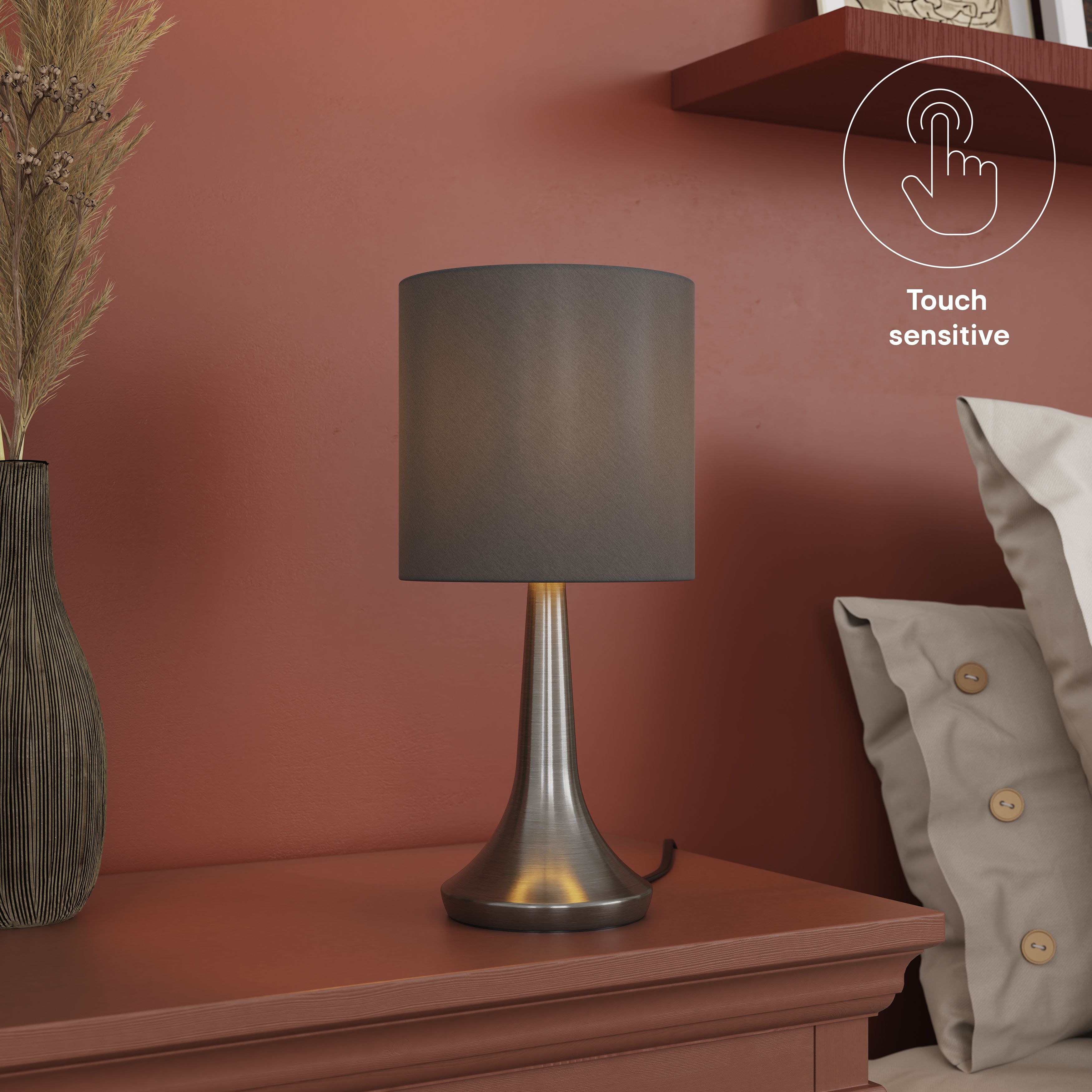 GoodHome Painswick Cylinder Satin Grey Nickel effect Table lamp