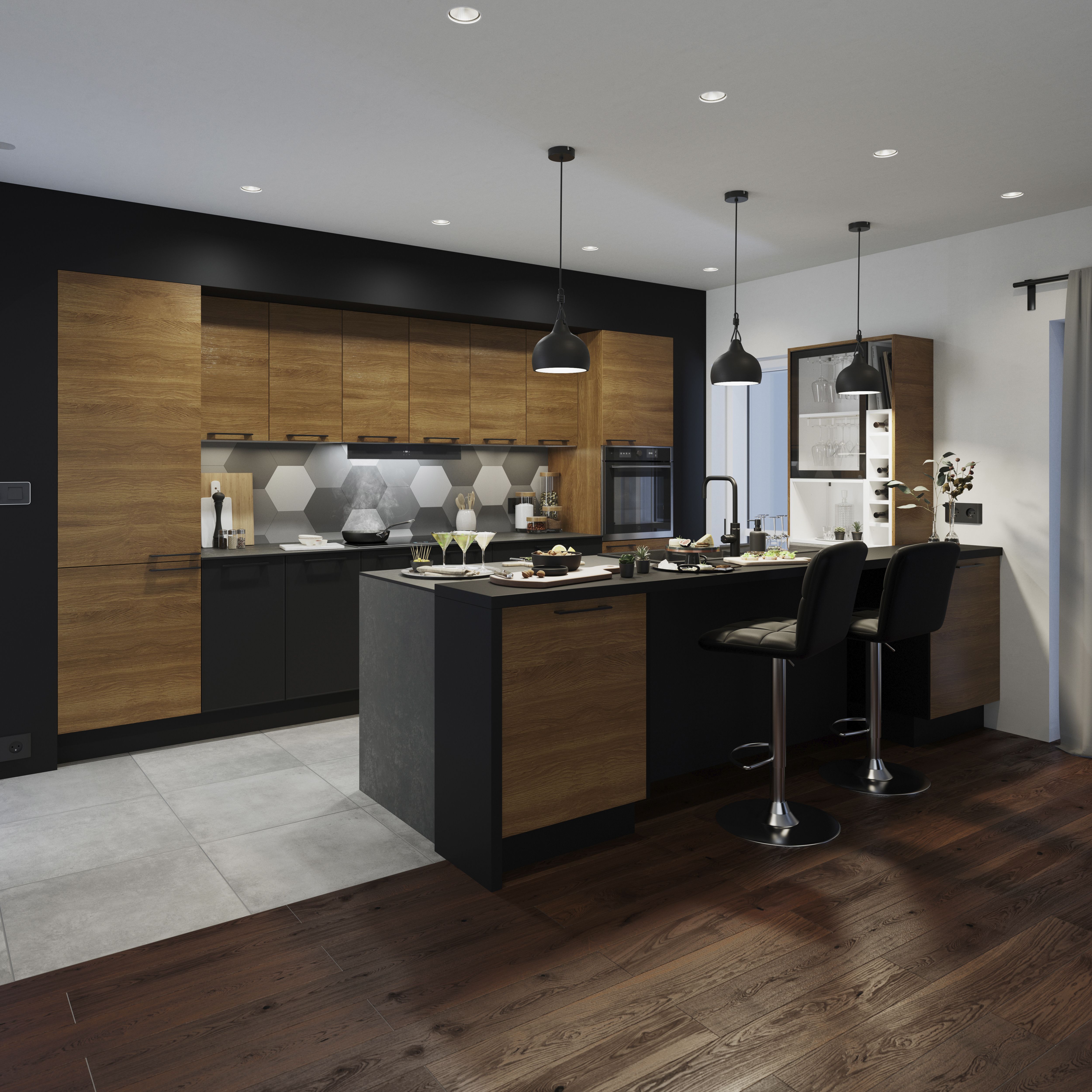 GoodHome Pasilla Matt carbon thin frame slab Standard End panel (H)2400mm (W)610mm