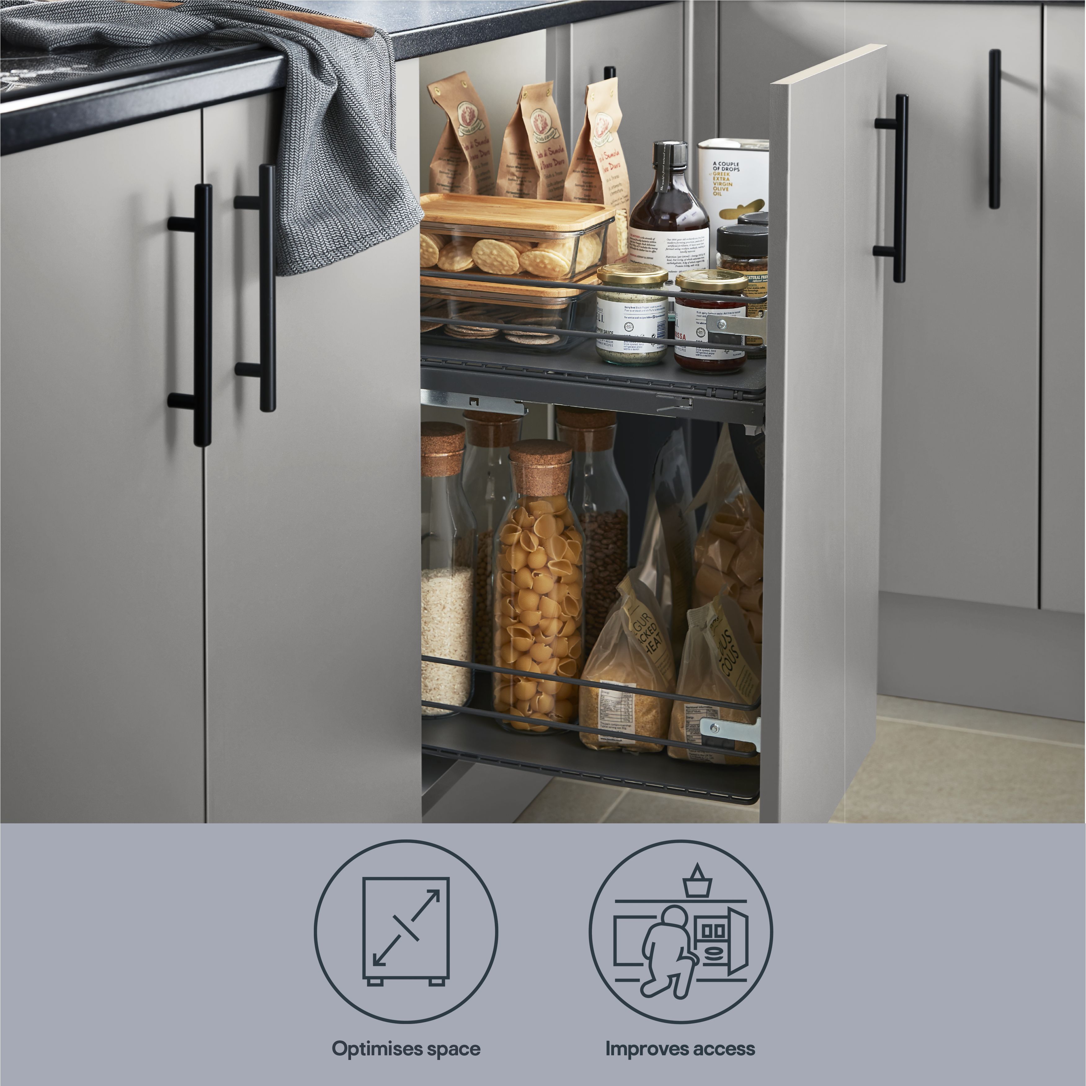 GoodHome Pebre Grey Soft-close runners LH & RH 40cm Pull-out storage