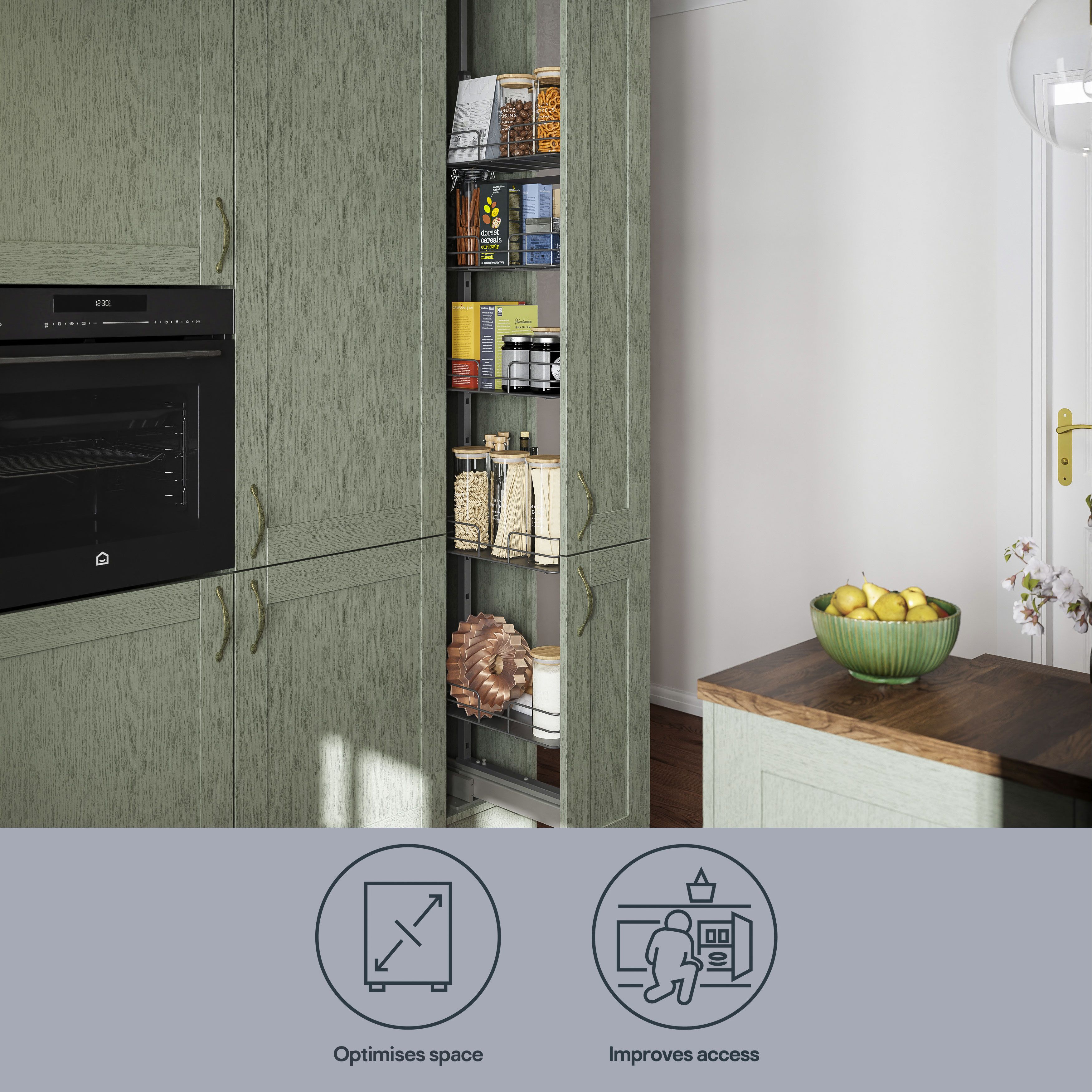 GoodHome Pebre Grey Soft-close runners LH & RH Larder 30cm Pull-out storage