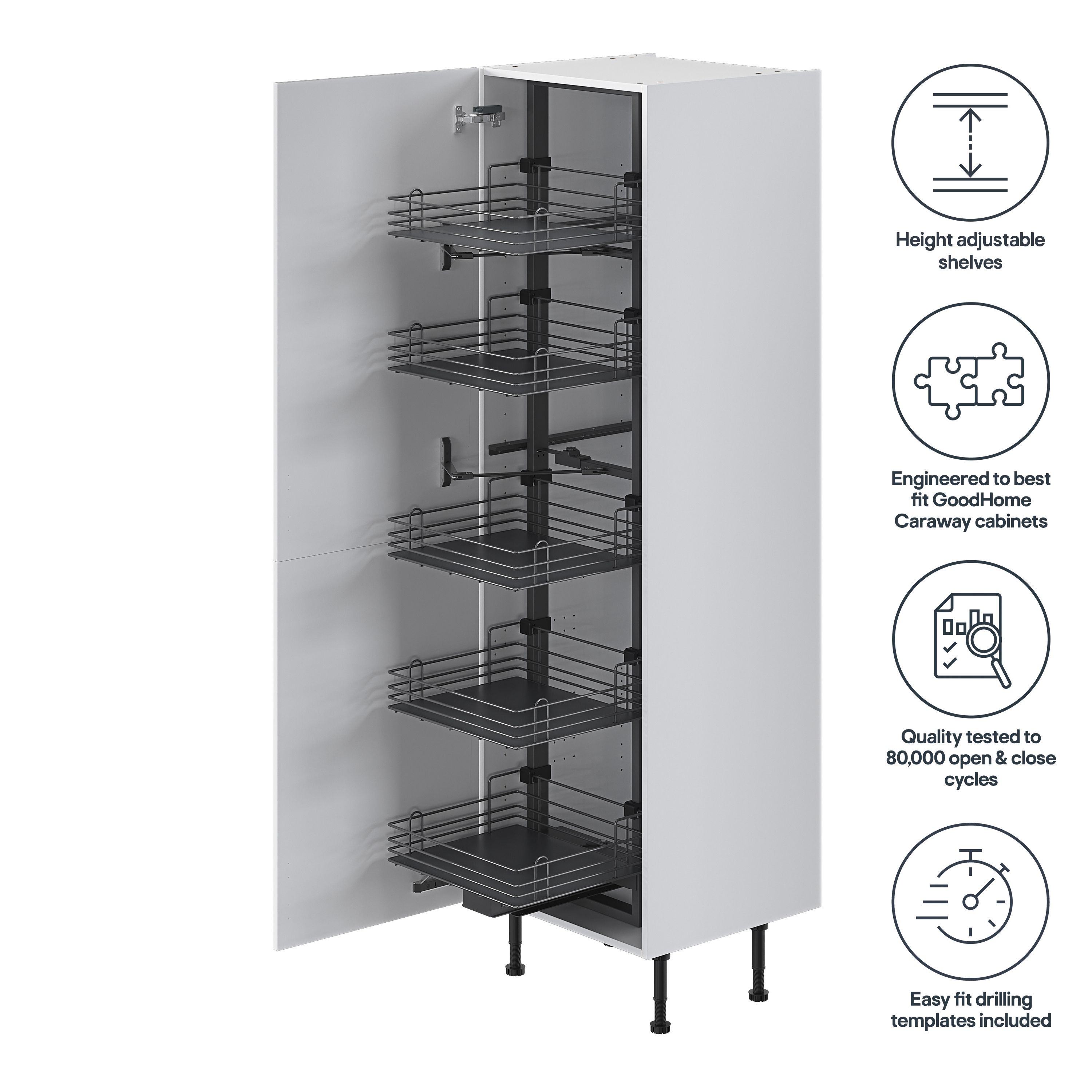 GoodHome Pebre Grey Soft-close runners LH & RH Larder 60cm Pull-out storage