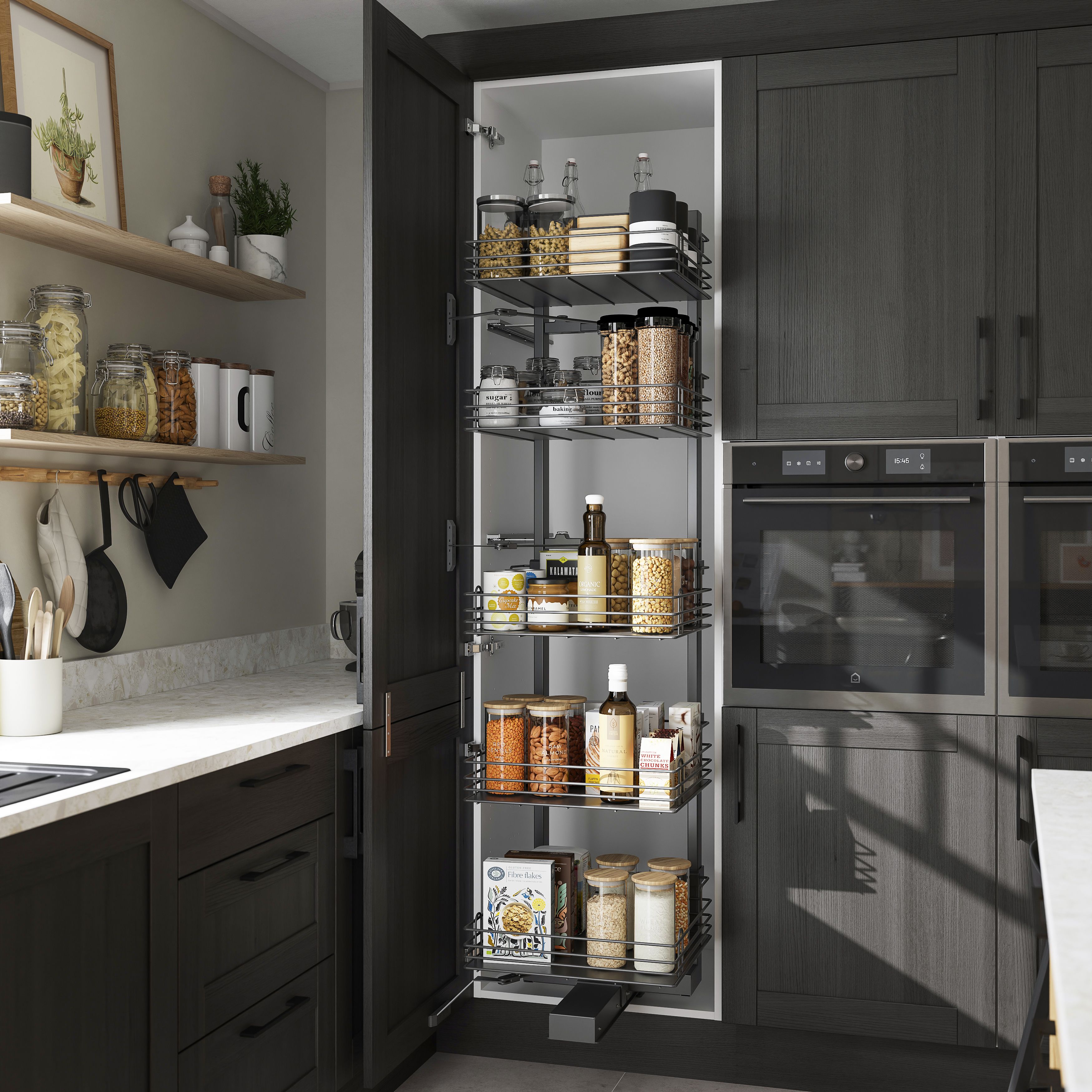GoodHome Pebre Grey Soft-close runners LH & RH Larder 60cm Pull-out storage