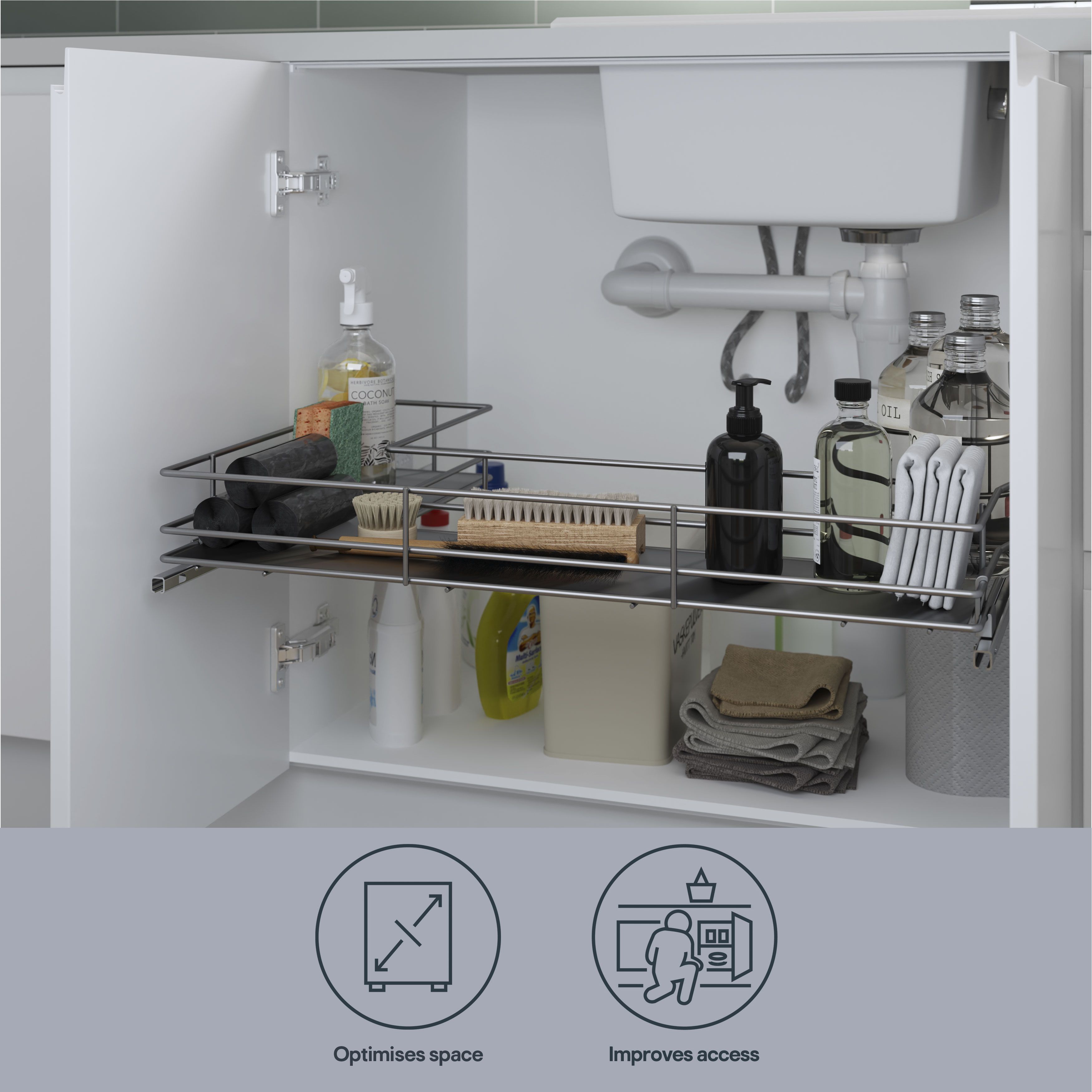 GoodHome Pebre Grey Soft-close runners LH & RH Under-sink 50cm Pull-out storage