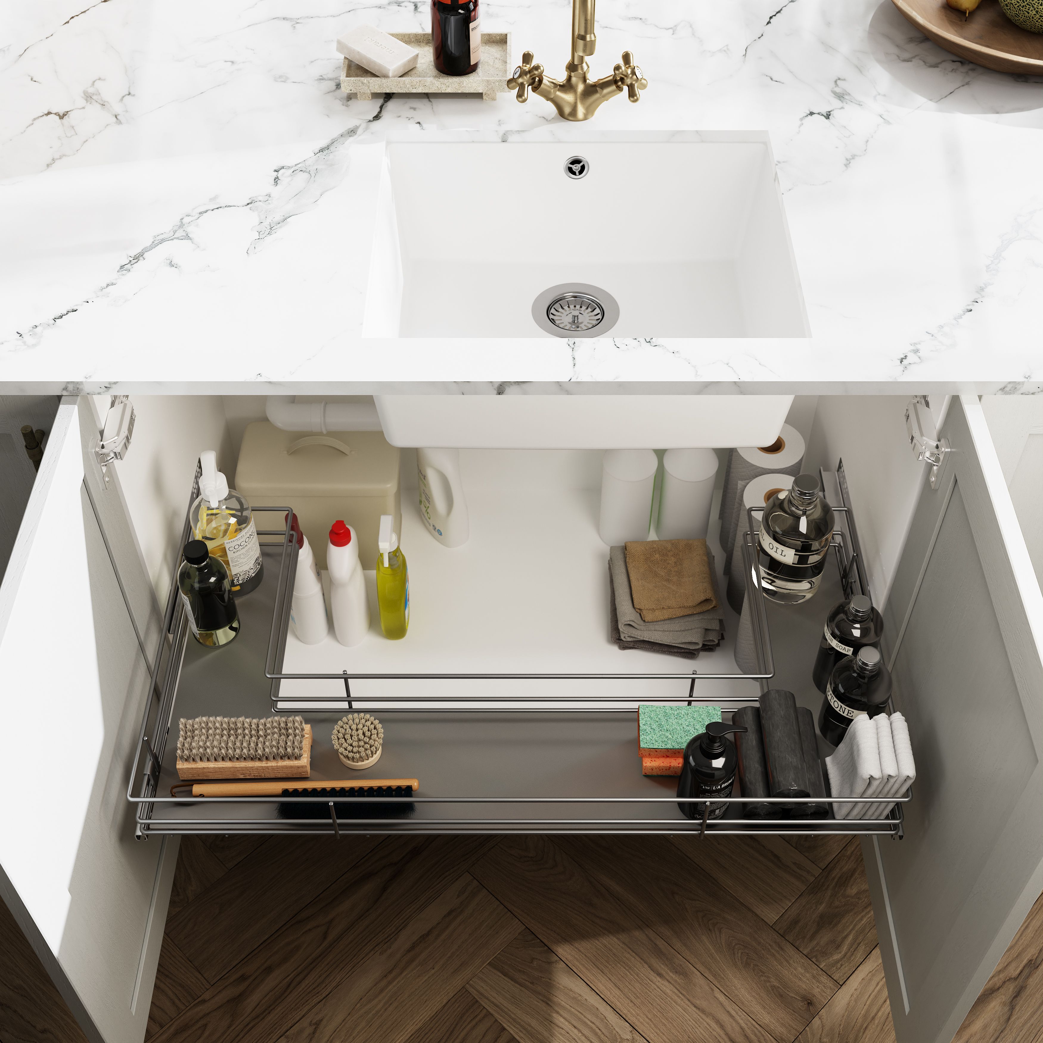 GoodHome Pebre Grey Soft-close runners LH & RH Under-sink 50cm Pull-out storage