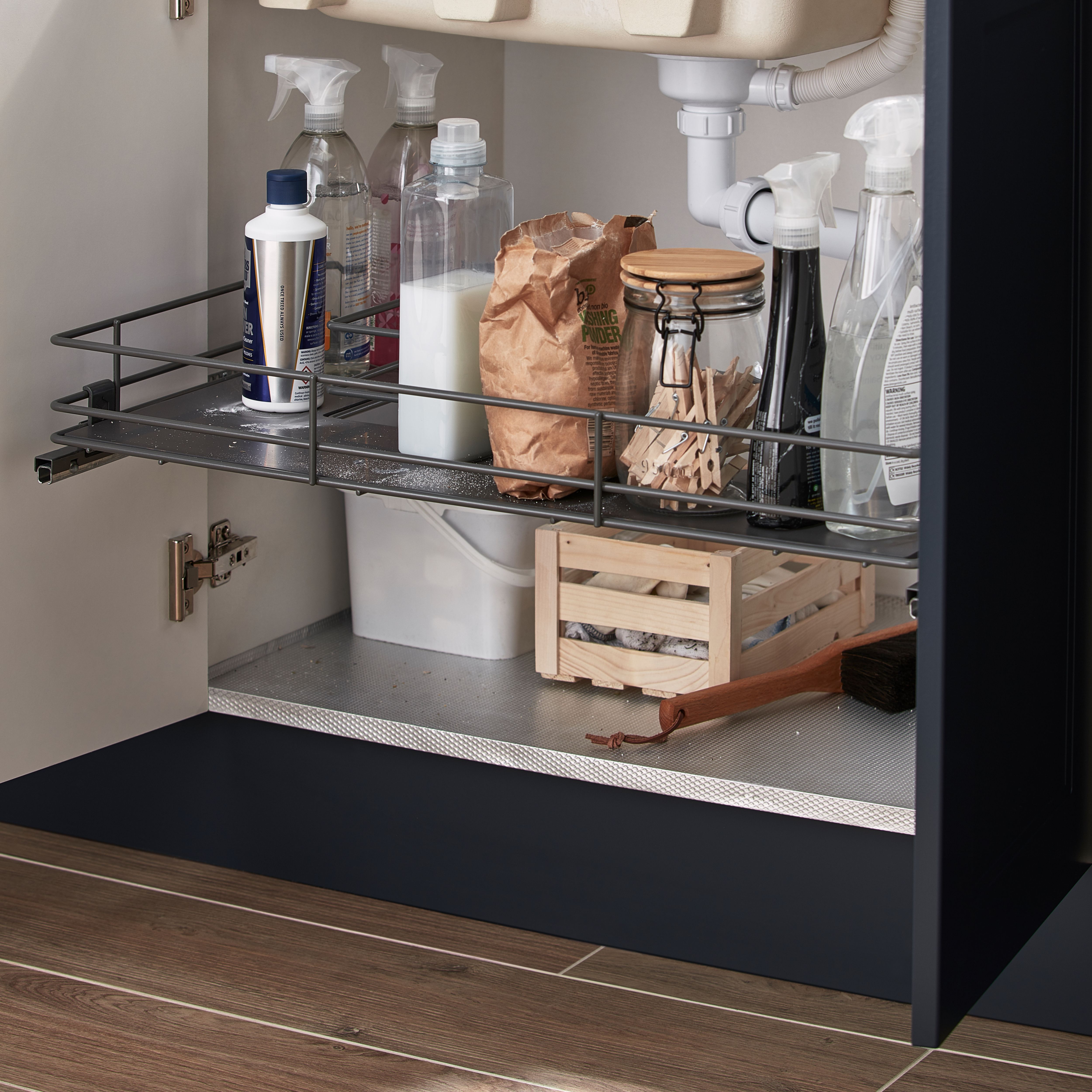 GoodHome Pebre Grey Soft-close runners LH & RH Under sink shelf 40cm Pull-out storage
