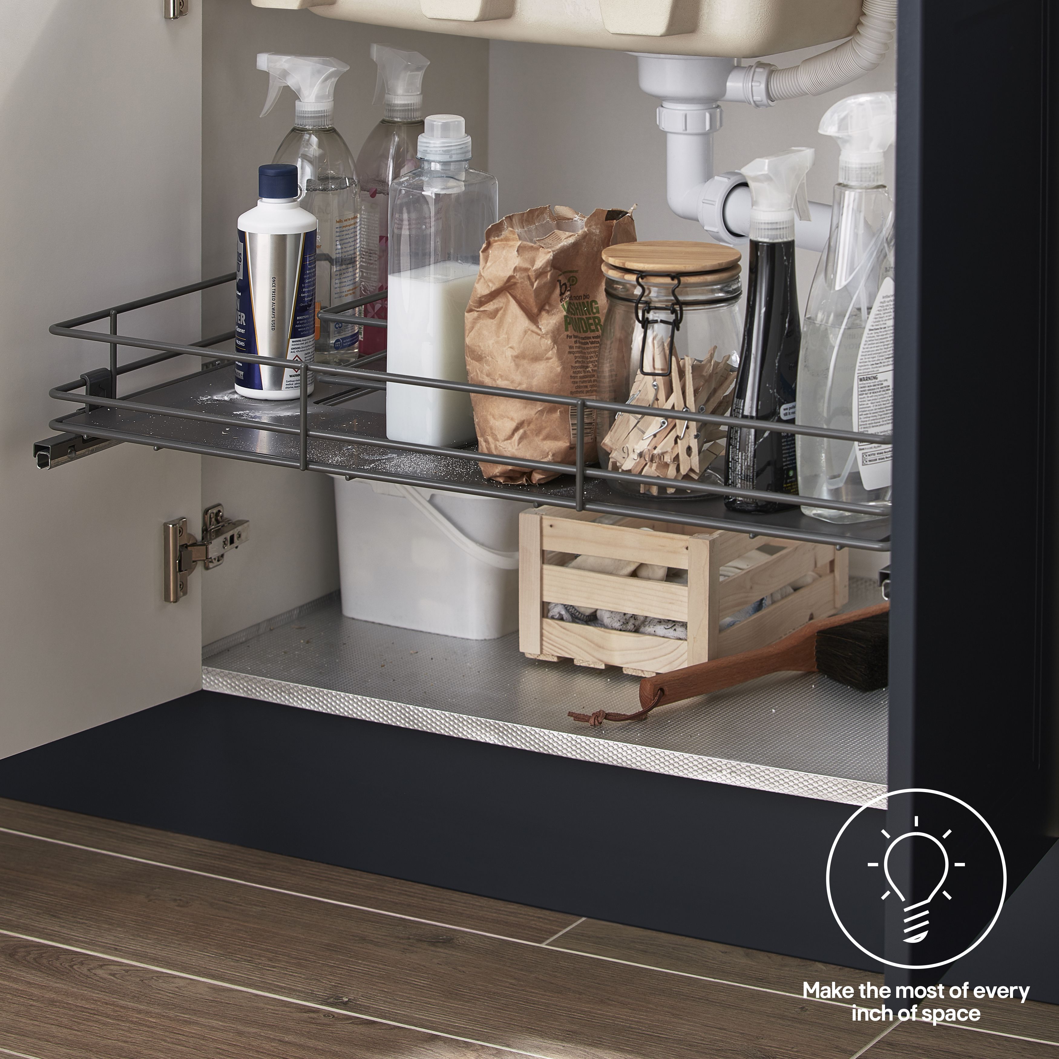 GoodHome Pebre Grey Soft-close runners LH & RH Under sink shelf 40cm Pull-out storage
