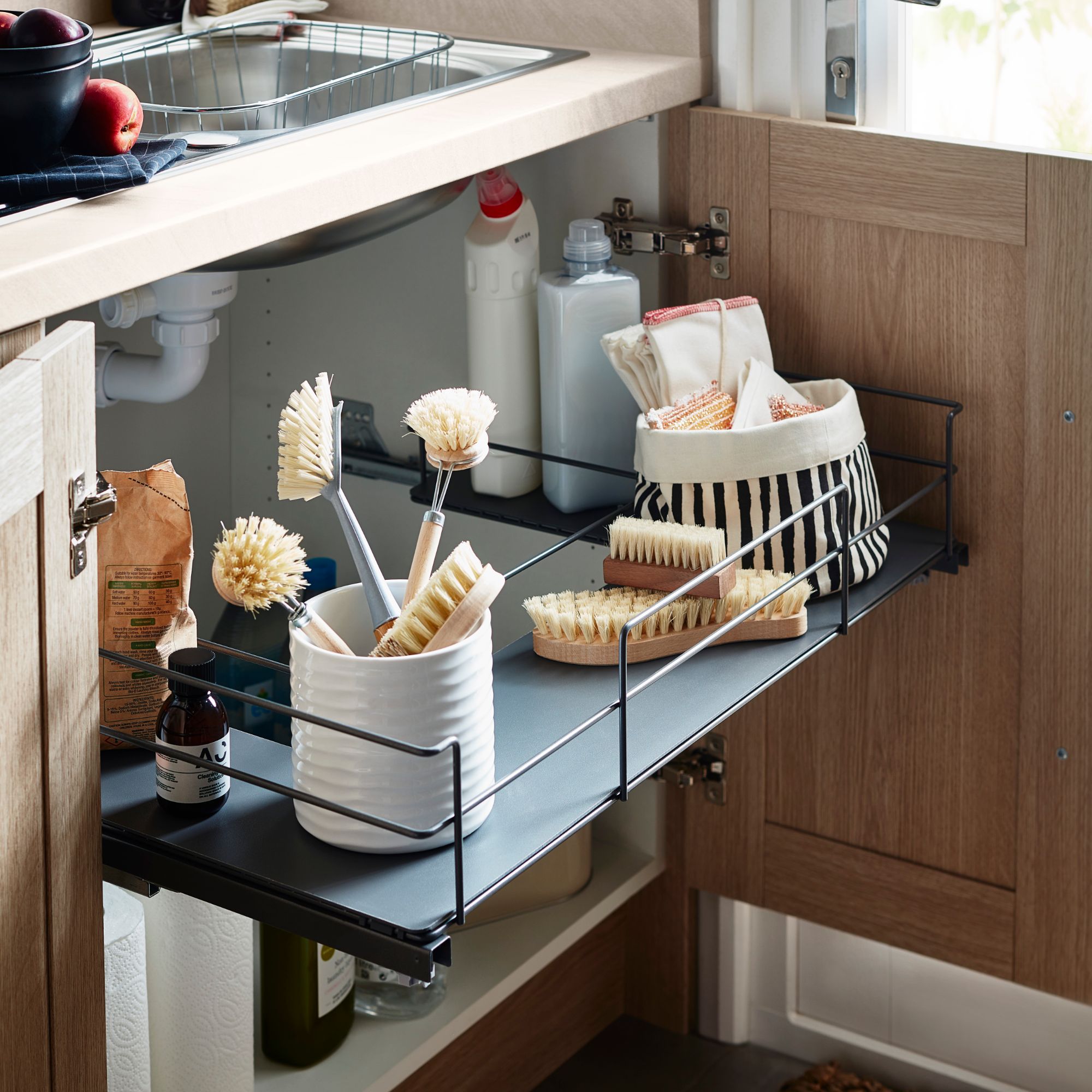 Under counter pull store out shelf