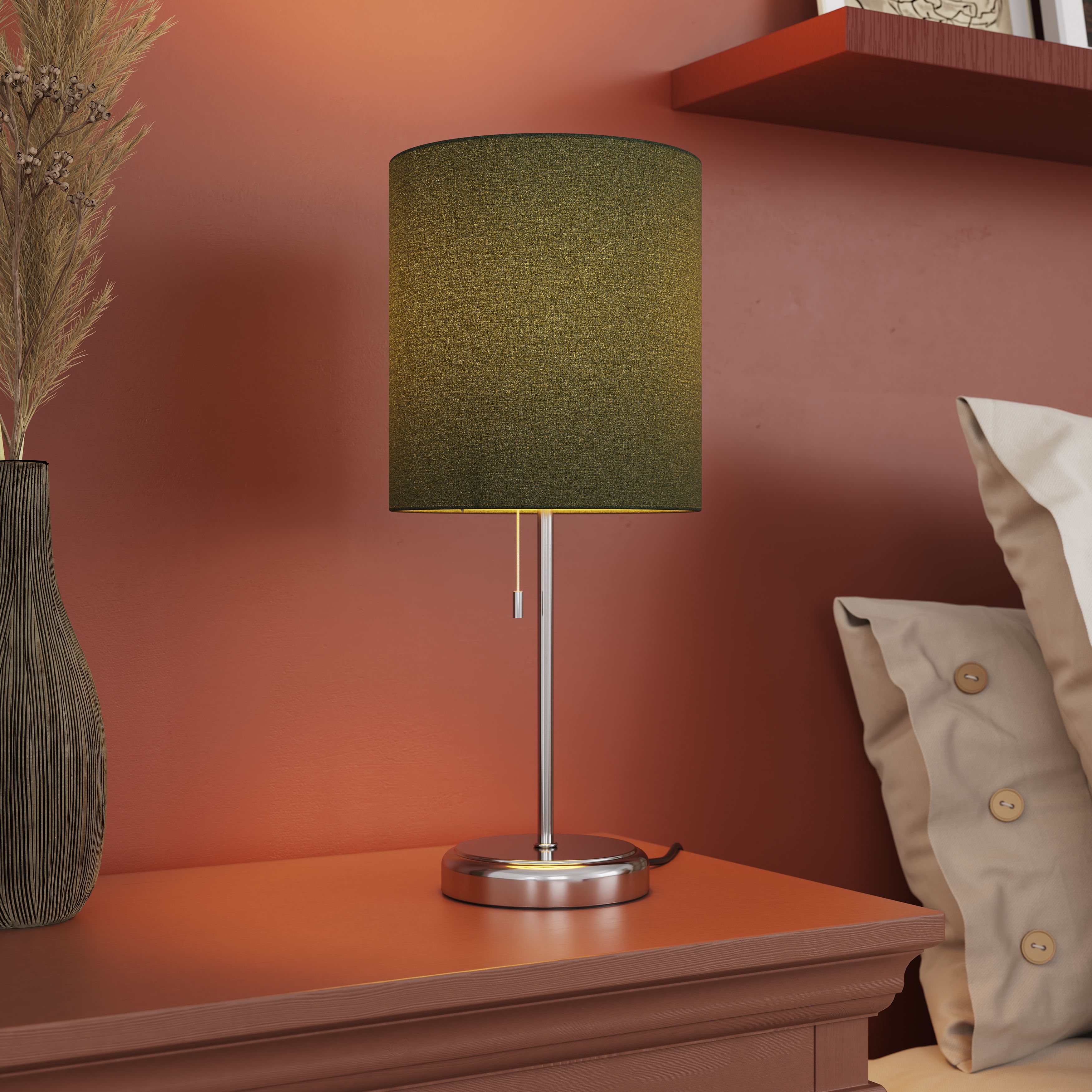 GoodHome Penistone Brushed Green Chrome effect Straight Table lamp