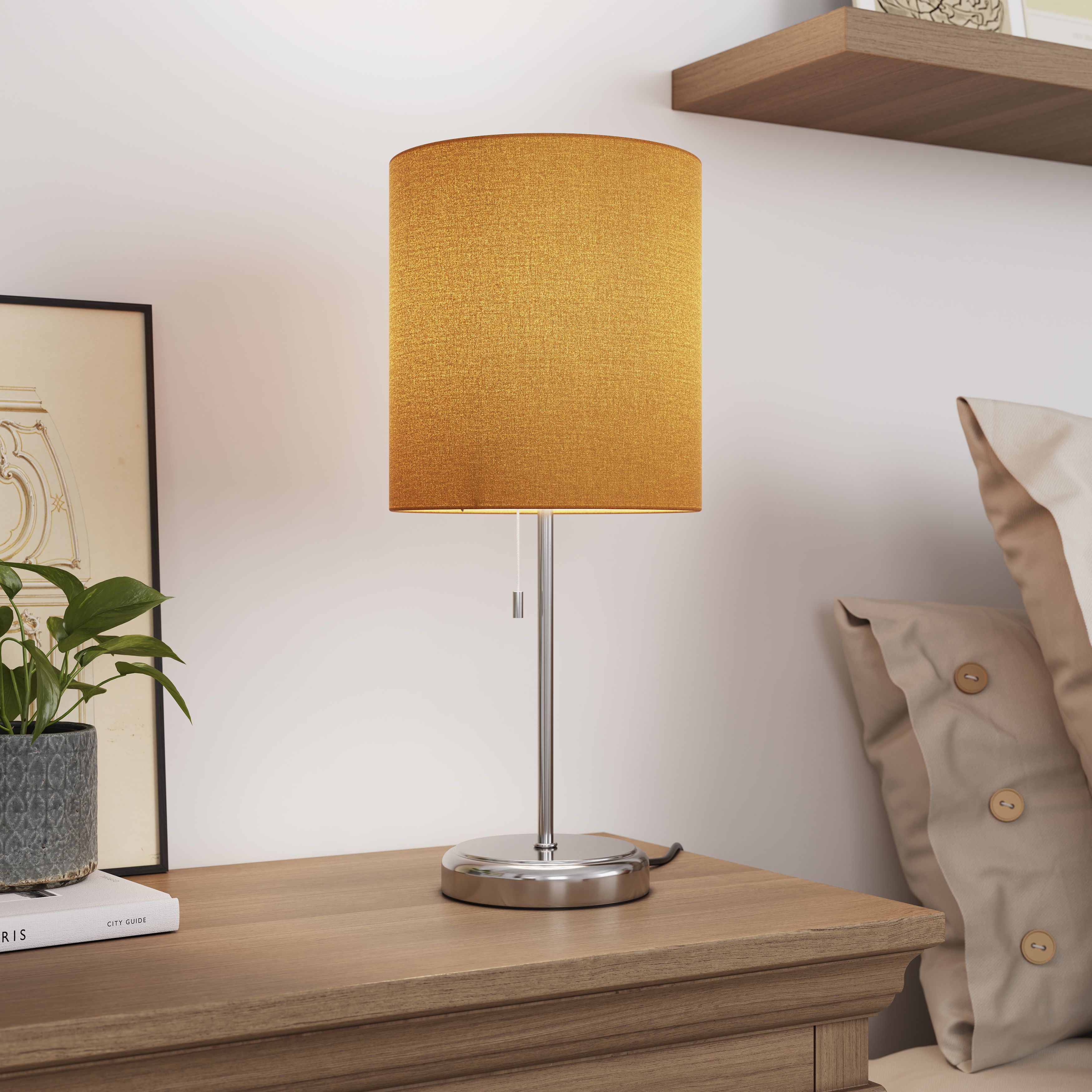 GoodHome Penistone Straight Brushed Mustard Chrome effect Table lamp