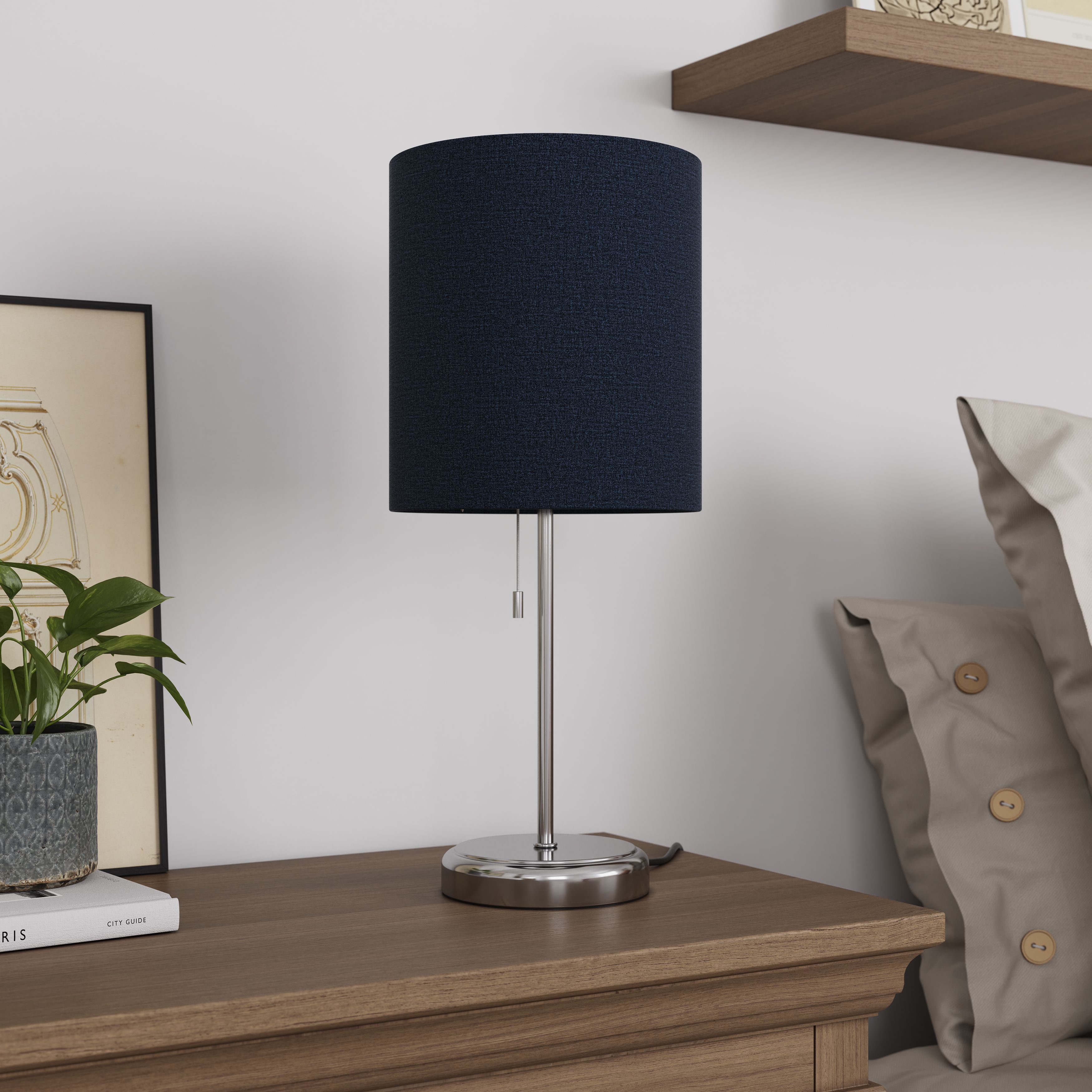 GoodHome Penistone Straight Brushed Navy Chrome effect Table lamp