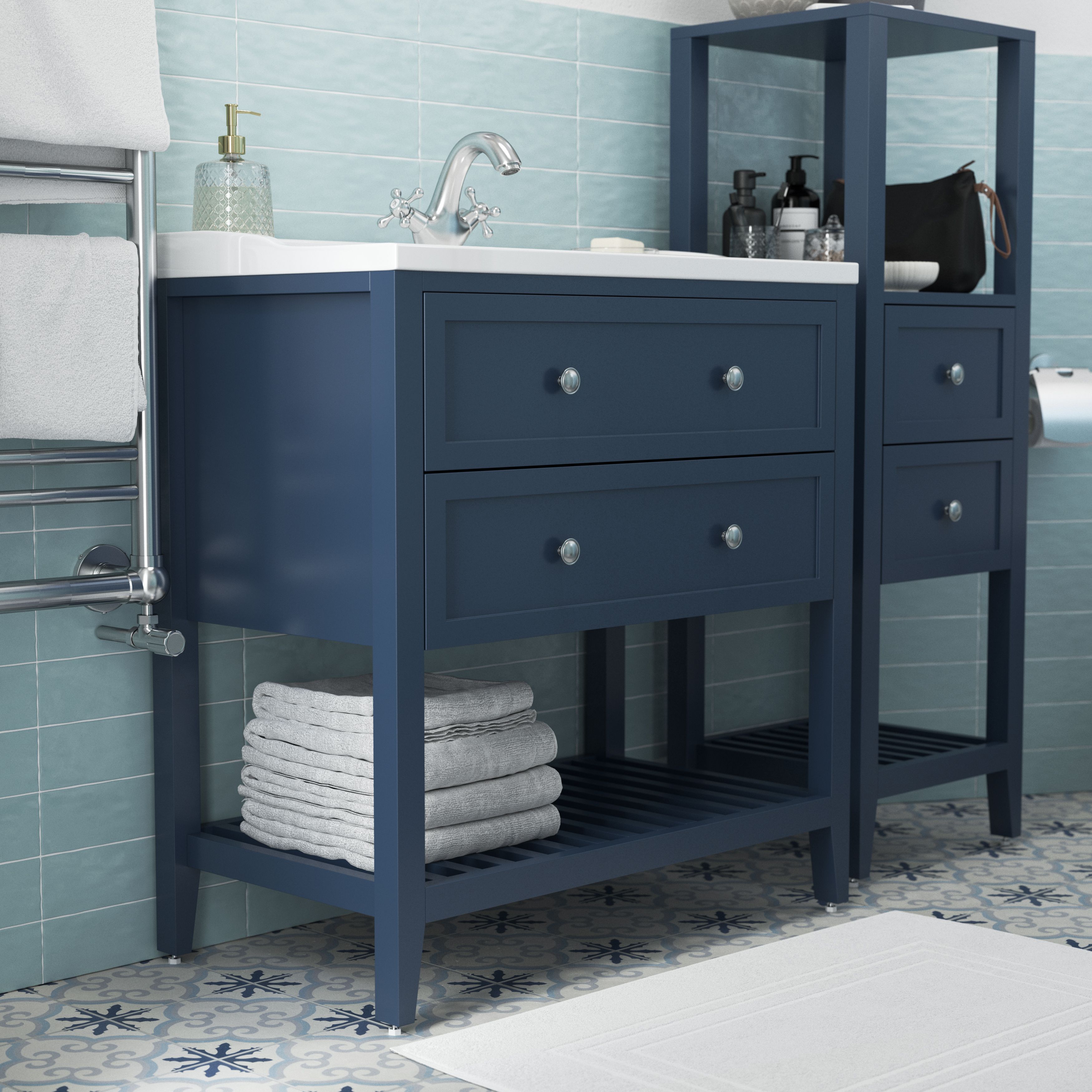 GoodHome Perma Satin Blue Freestanding Bathroom Vanity unit (H) 806mm (W) 800mm