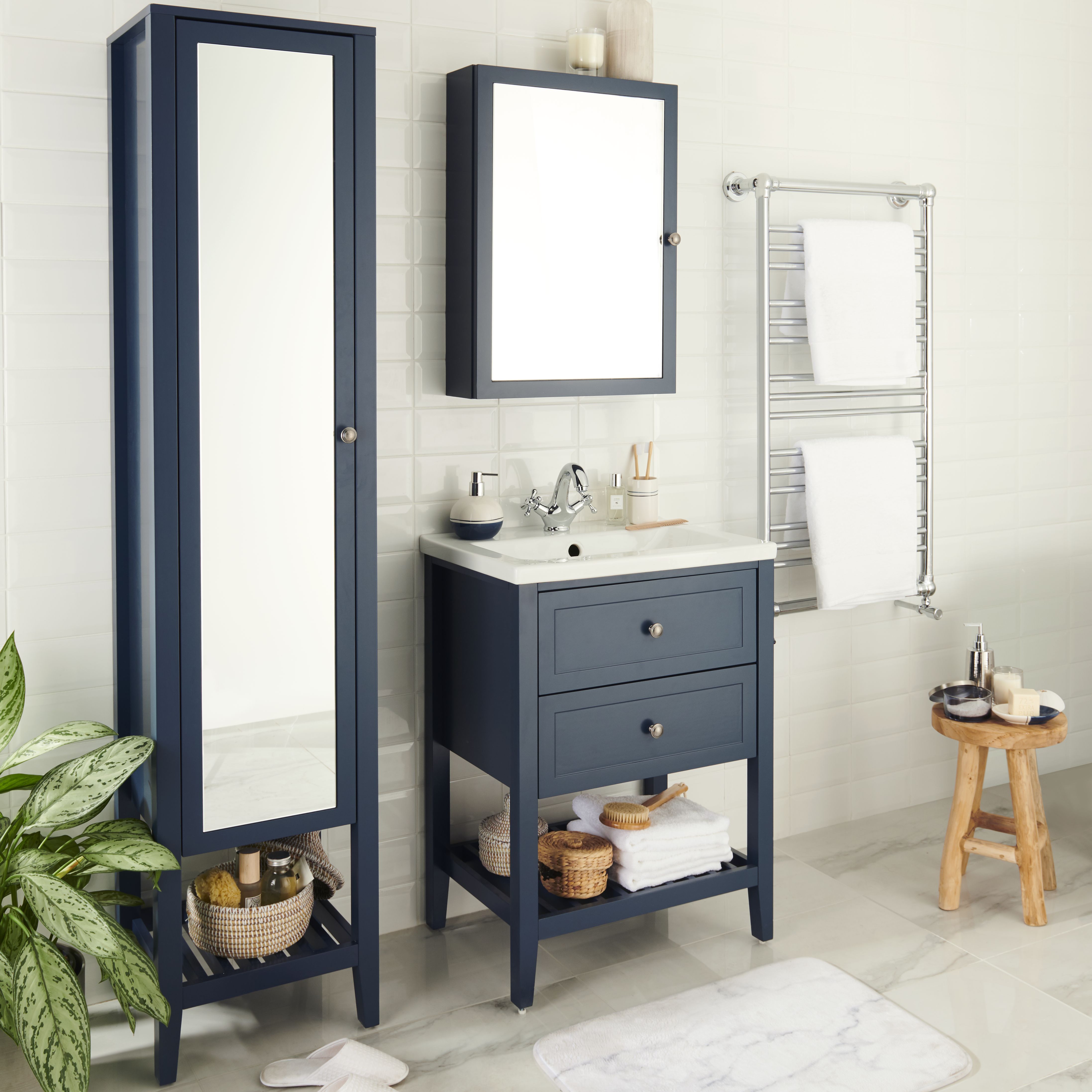GoodHome Perma Satin Blue Tall Freestanding Mirrored door Bathroom ...