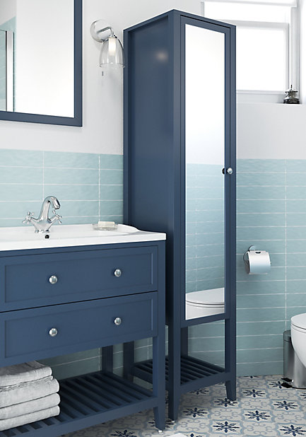 Goodhome Perma Satin Blue Tall, Tall Freestanding Mirrored Bathroom Cabinet