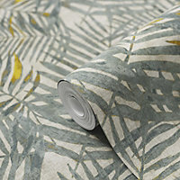 GoodHome Perod Beige & teal Palm leaves Textured Wallpaper