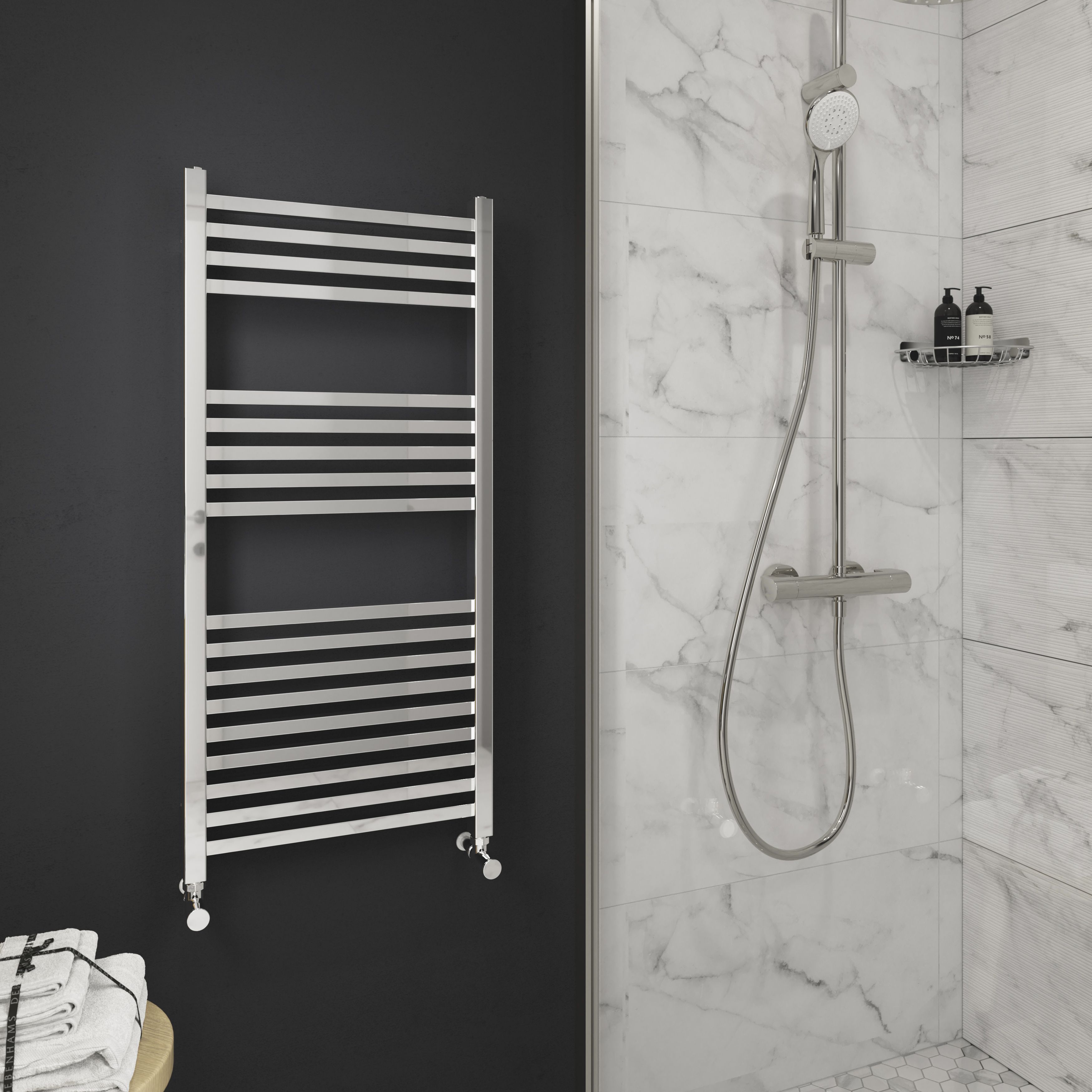 GoodHome Petworth Chrome effect 931BTU Vertical Towel radiator (W)450mm x (H)974mm