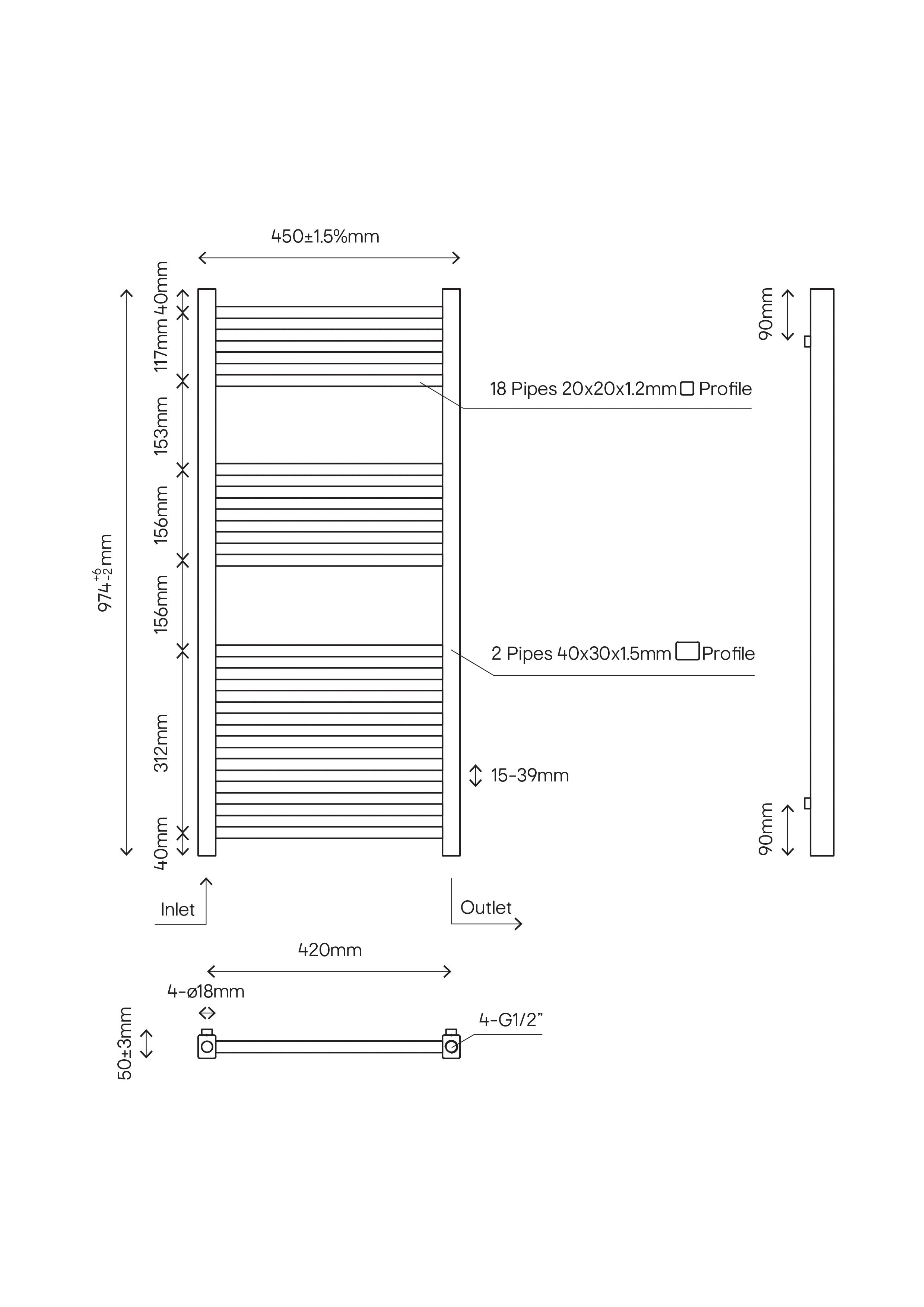 GoodHome Petworth Chrome effect 931BTU Vertical Towel radiator (W)450mm x (H)974mm