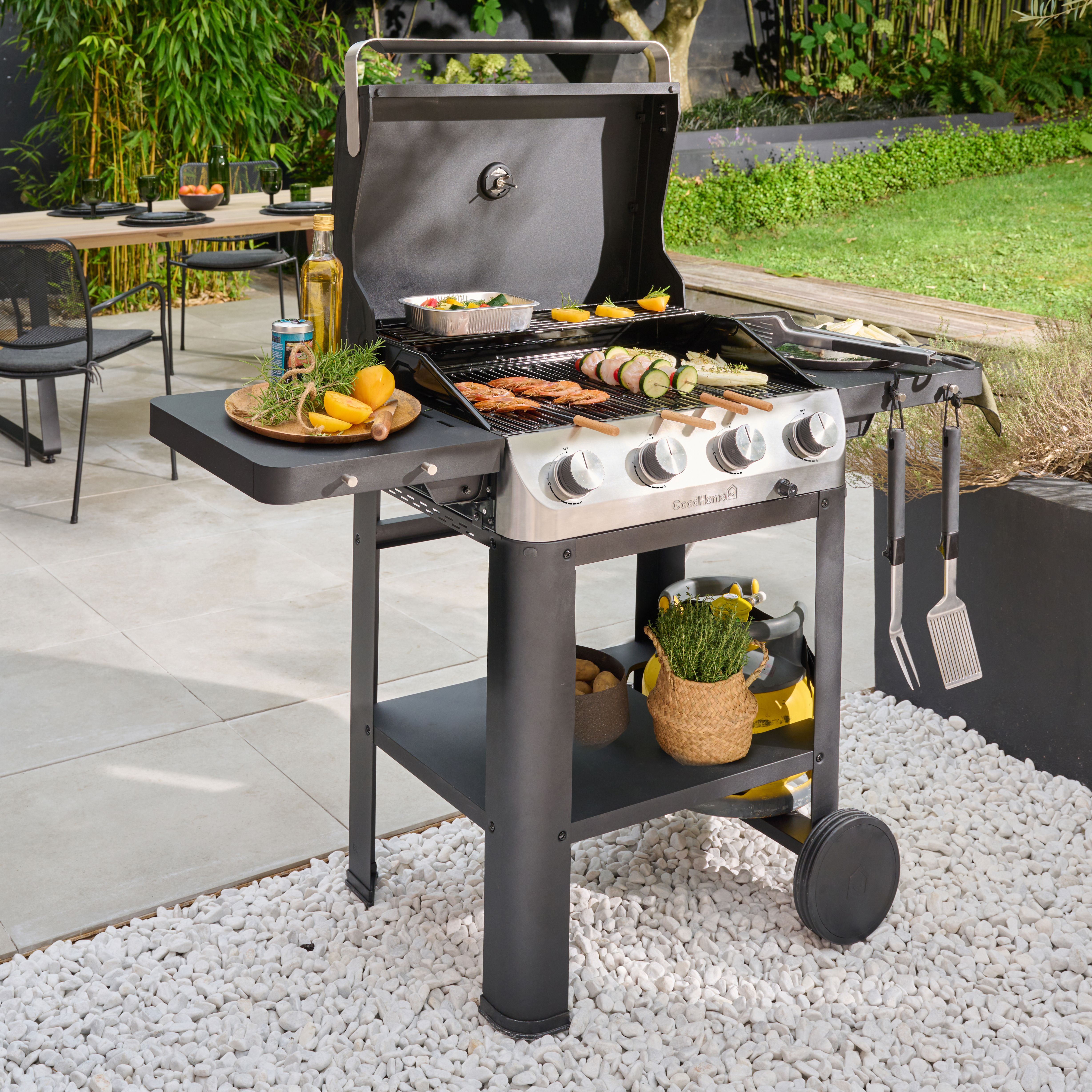 GoodHome Powell Black 4 burner Gas BBQ