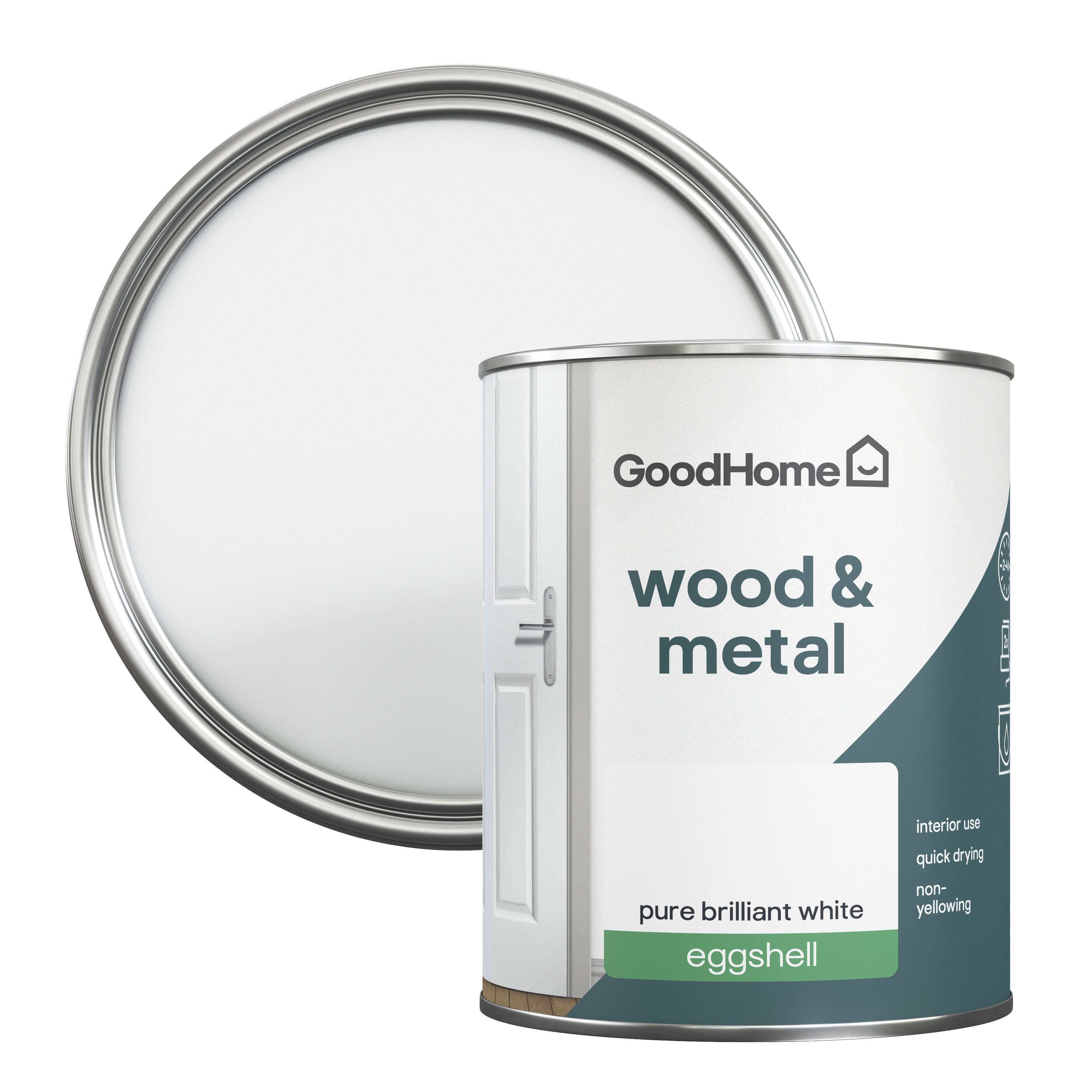 GoodHome Pure Brilliant White Eggshell Metal & wood paint, 750ml DIY